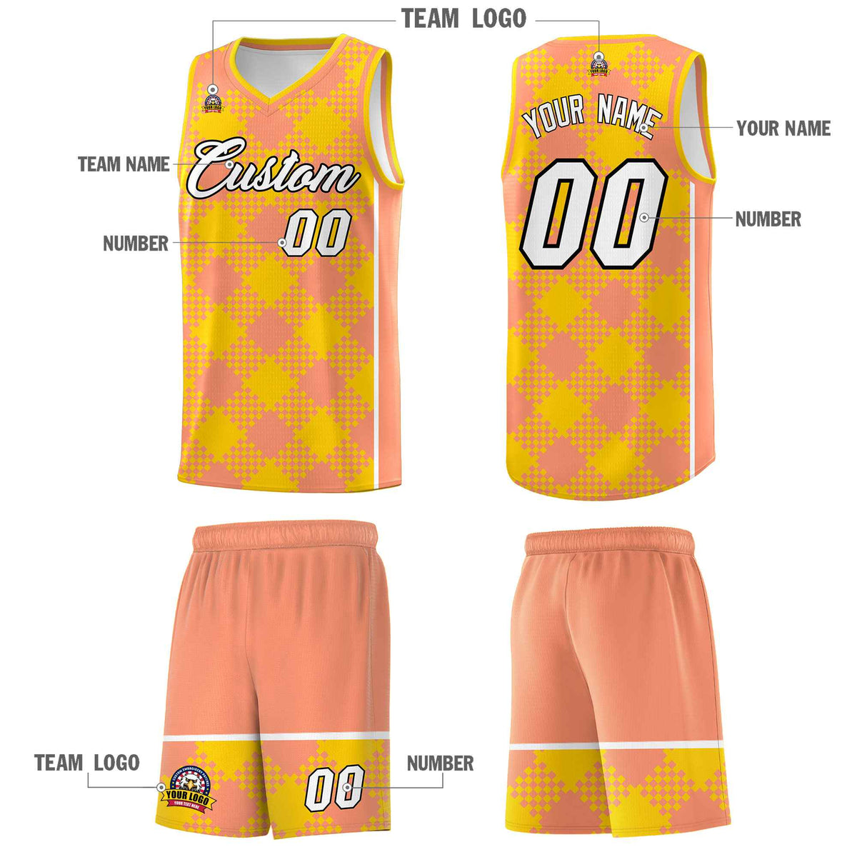 Personalized Light Orange Gold-White Grid Basketball Kits
