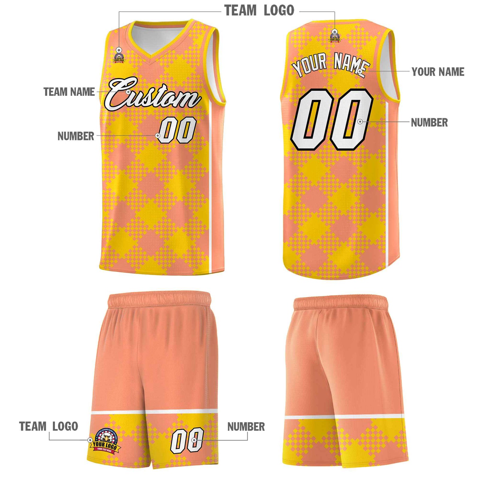 Personalized Light Orange Gold-White Grid Basketball Kits