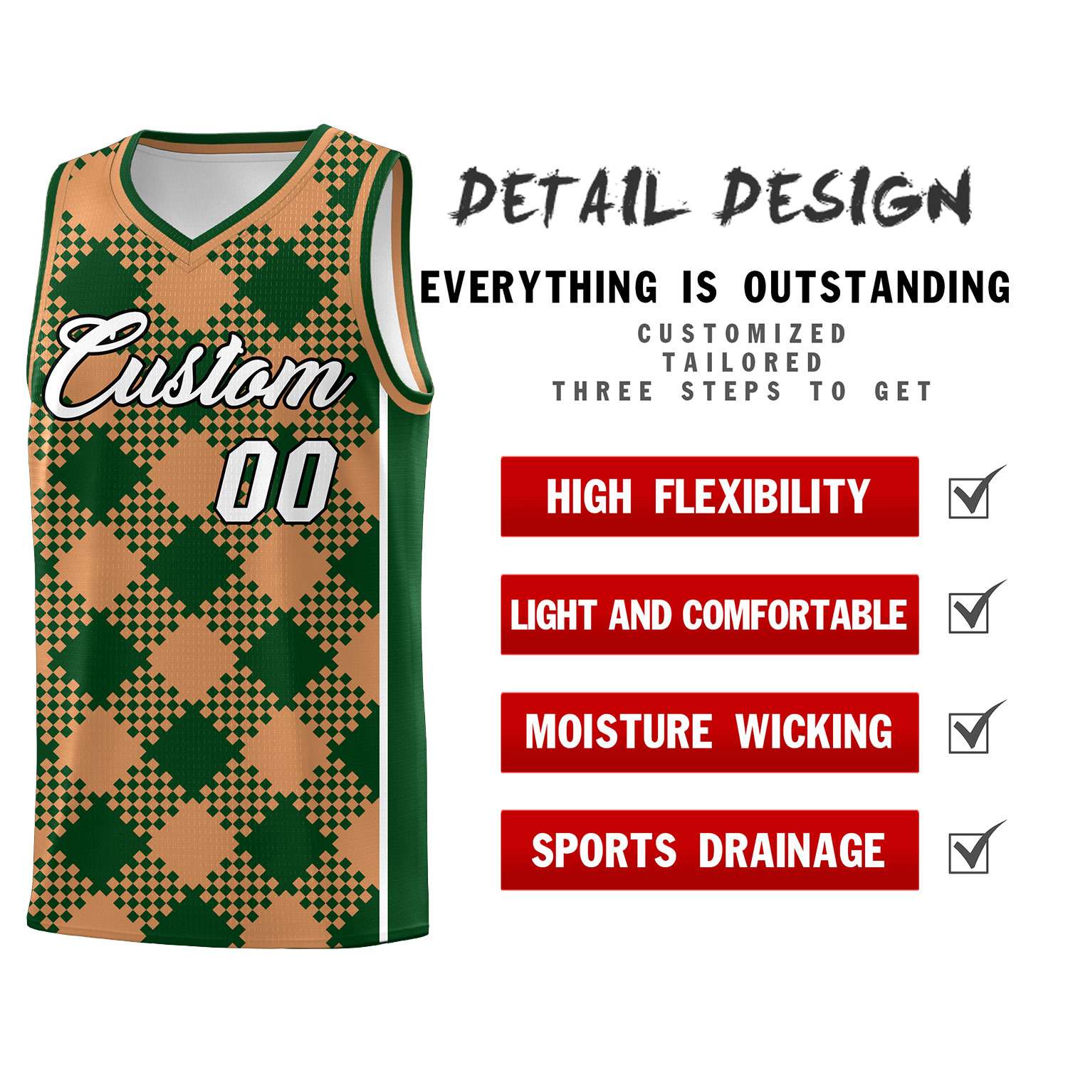 Personalized Green Buckskin Brown-White Grid Basketball Kits