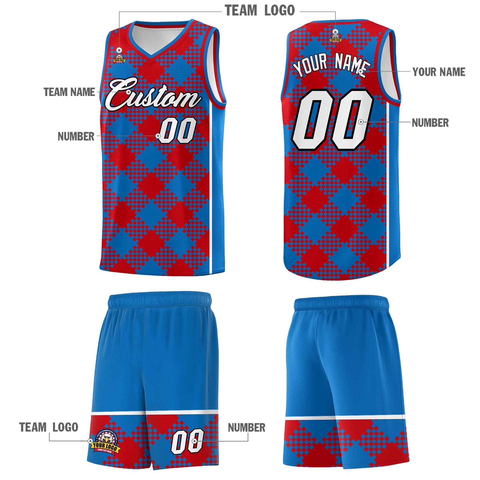 Personalized Royal Red-White Grid Basketball Kits