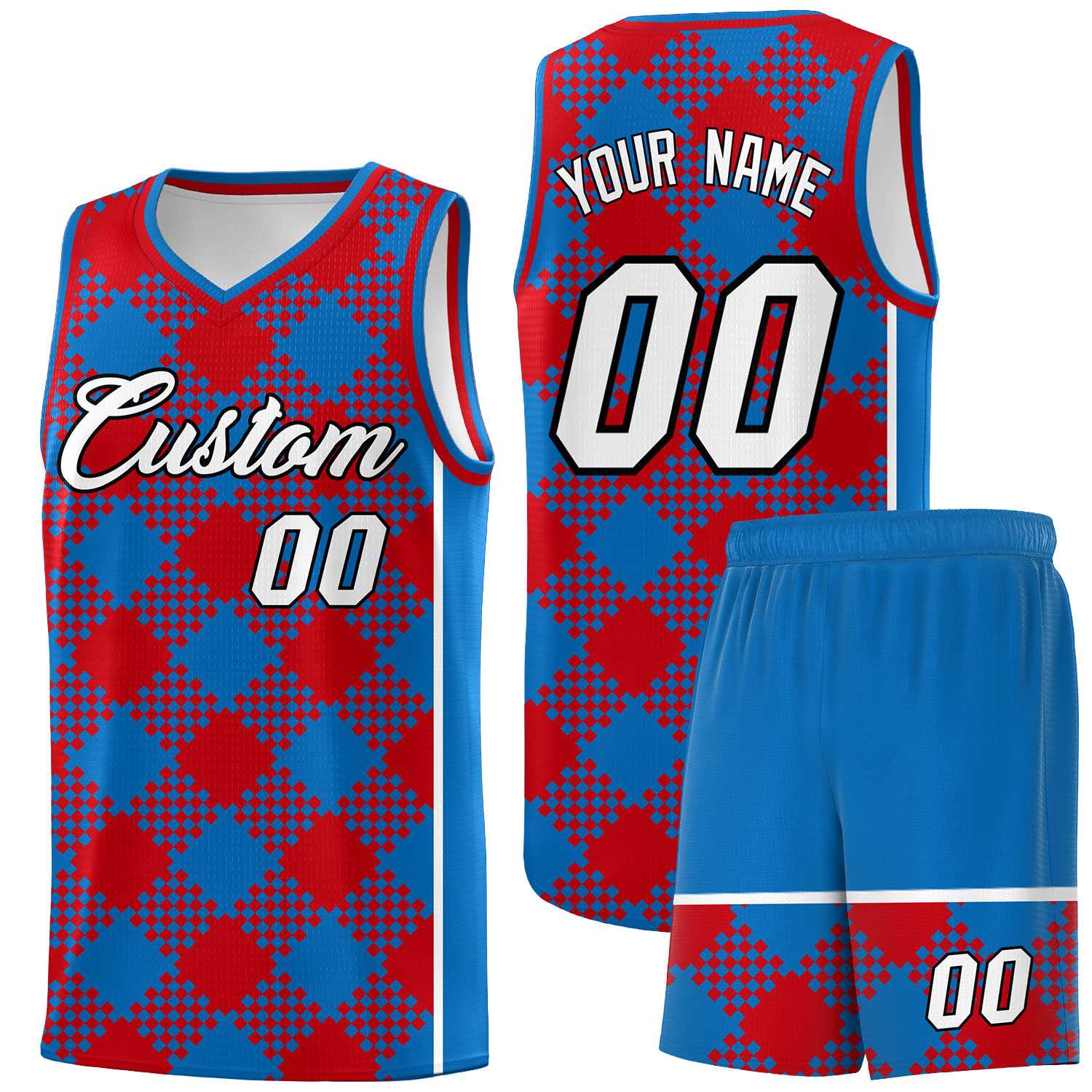 Personalized Royal Red-White Grid Basketball Kits