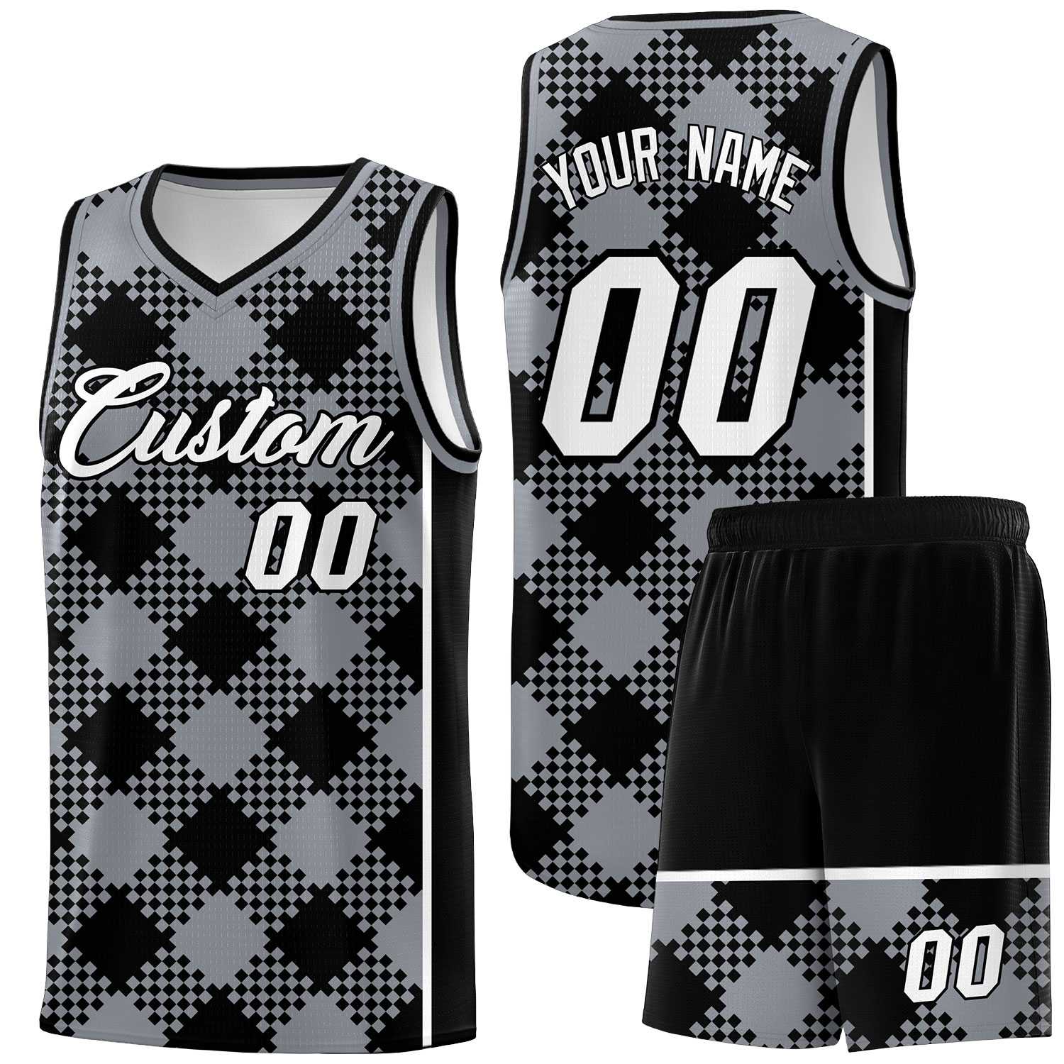 Personalized Gray Black-White Grid Basketball Kits