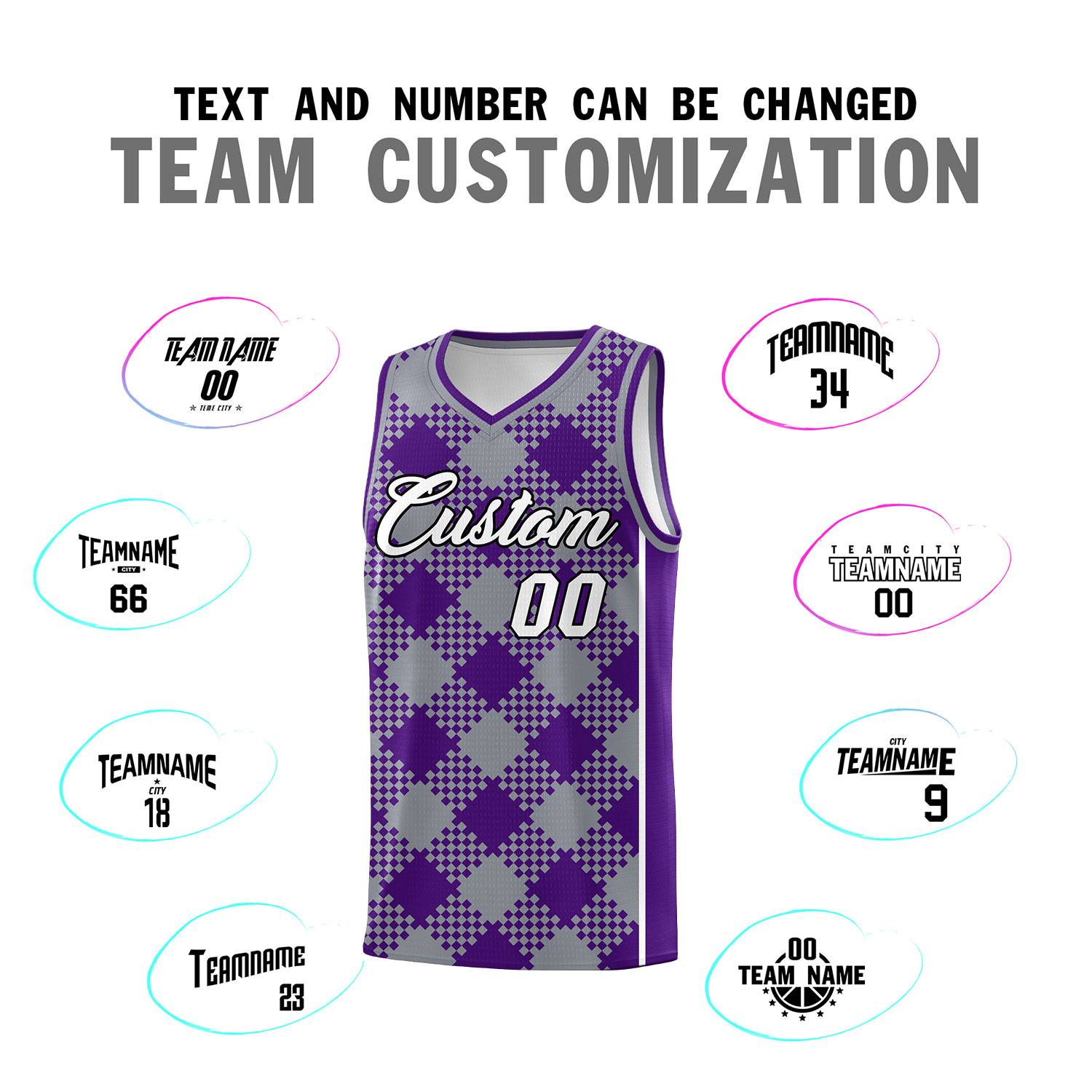 Personalized Gray Purple-White Grid Basketball Kits