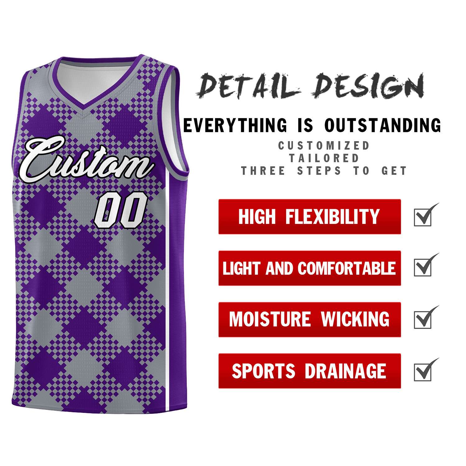 Personalized Gray Purple-White Grid Basketball Kits