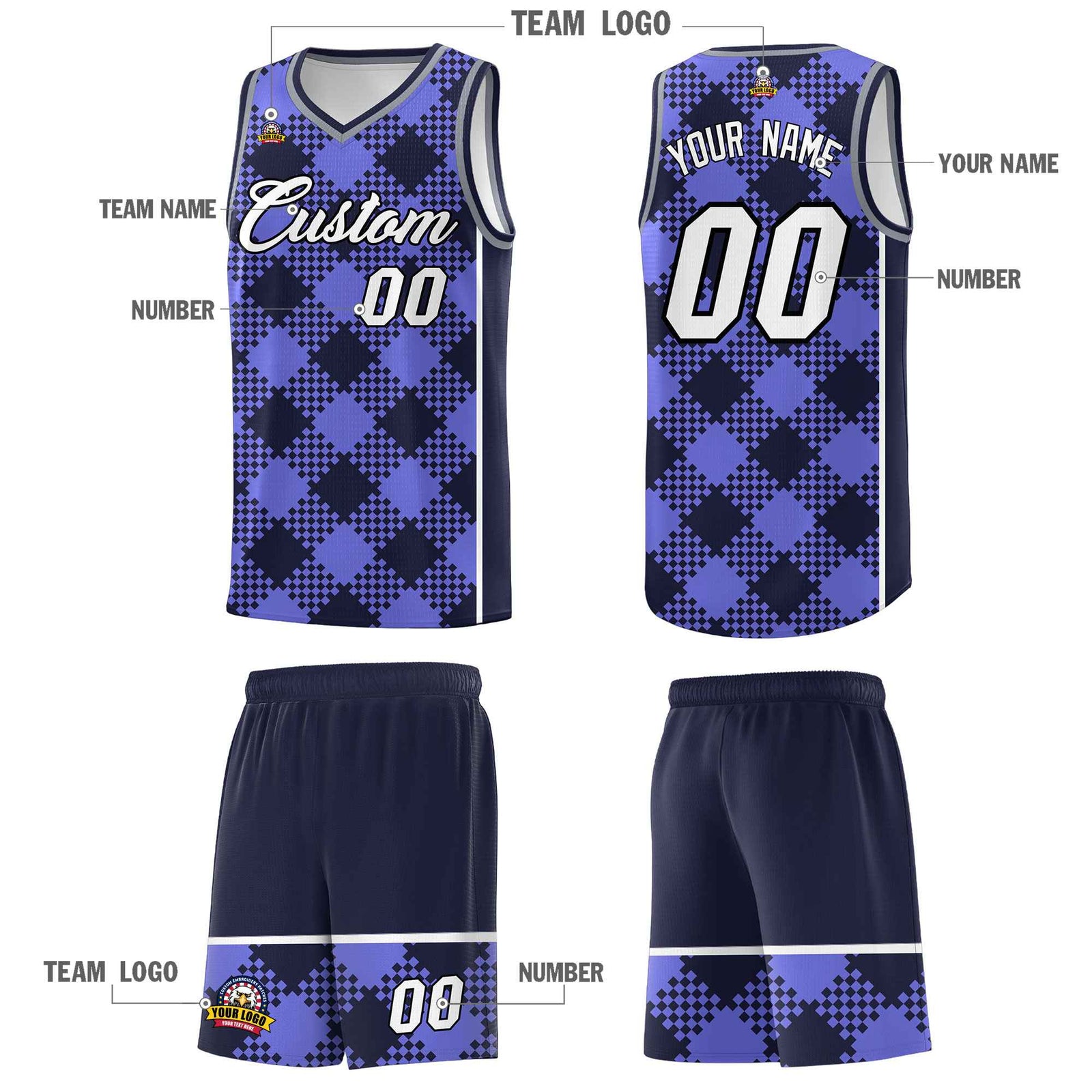 Personalized Purple Navy-White Grid Basketball Kits