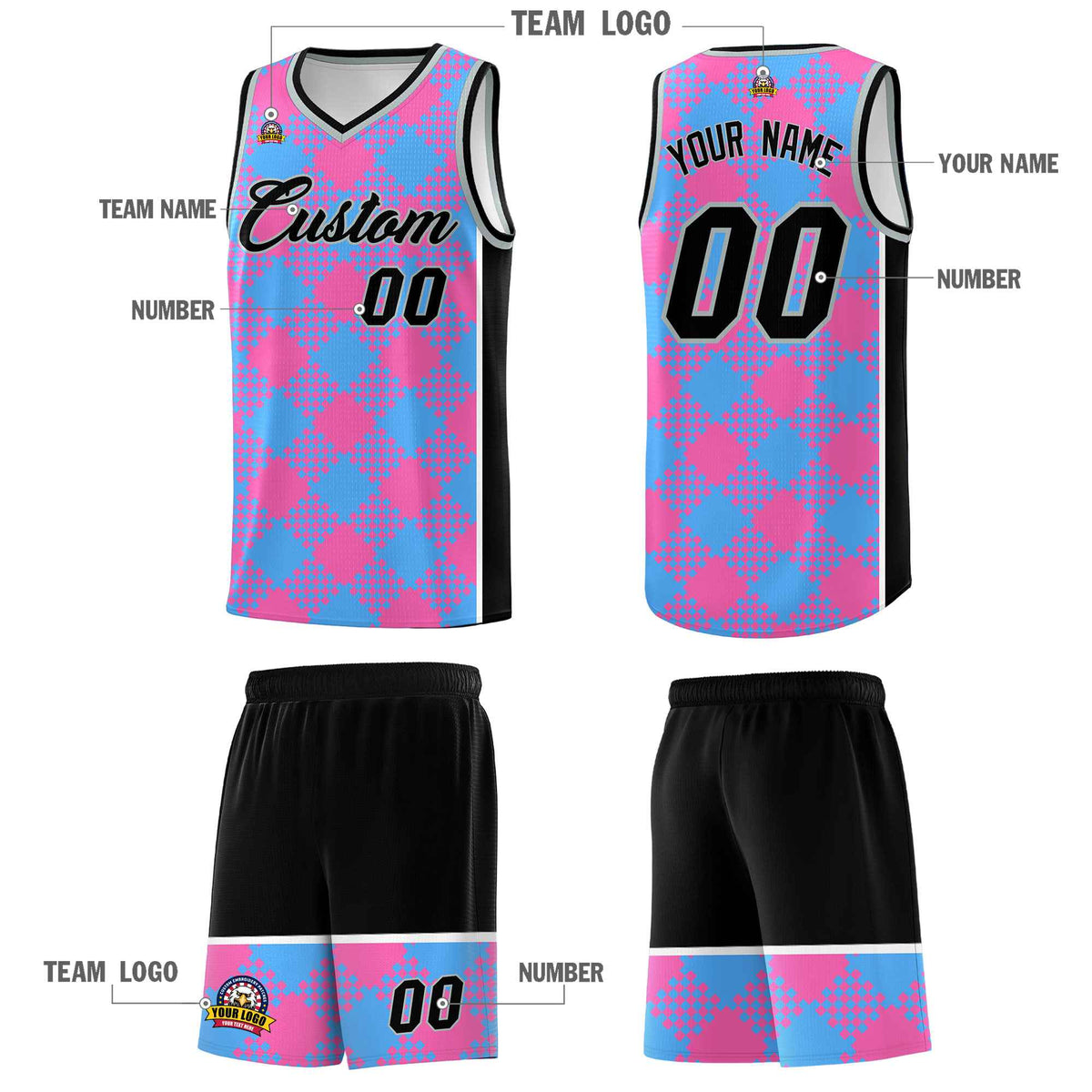 Personalized Powder Blue Pink-White Grid Basketball Kits