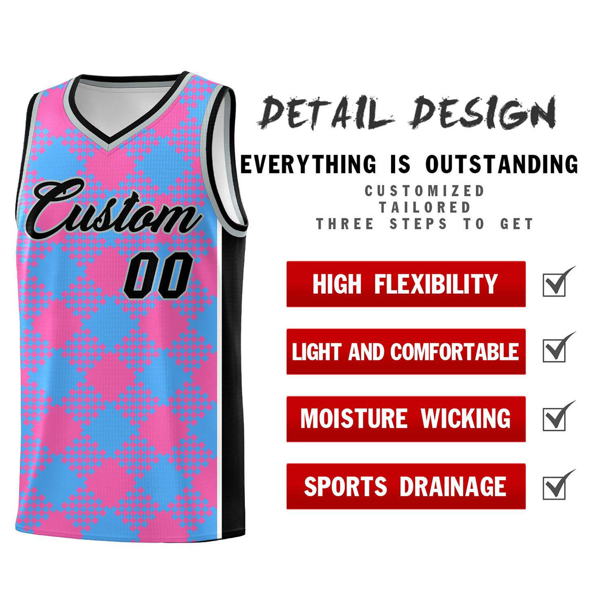 Personalized Powder Blue Pink-White Grid Basketball Kits
