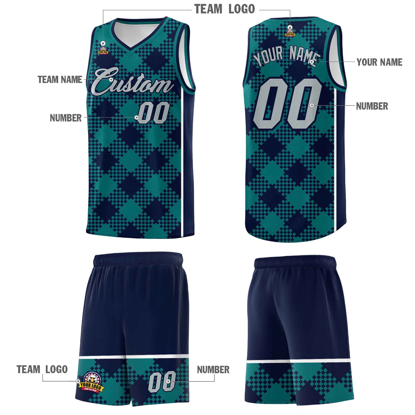 Personalized Teal Navy-White Grid Basketball Kits