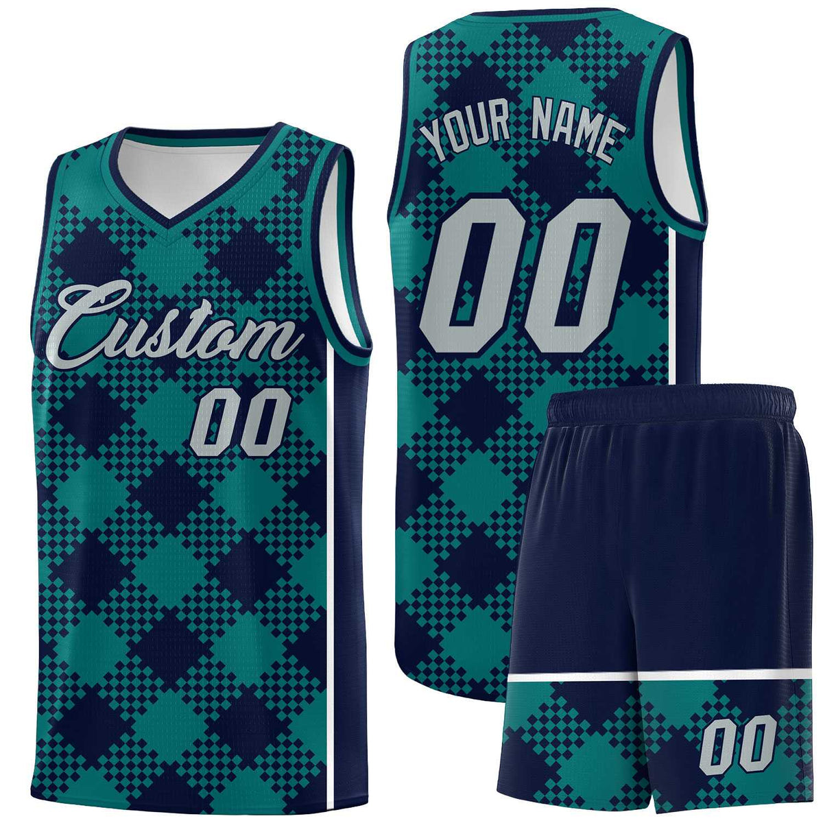 Personalized Teal Navy-White Grid Basketball Kits