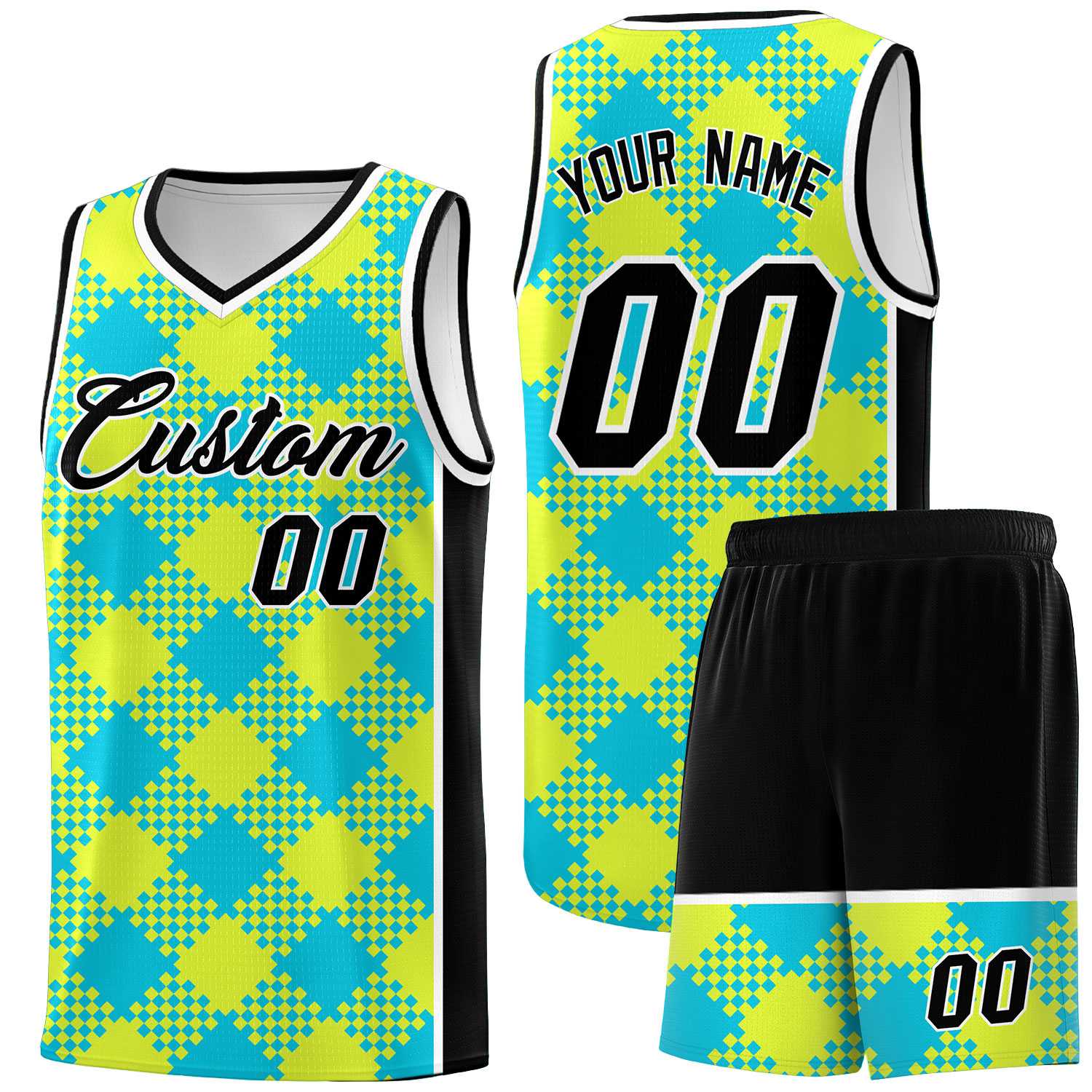 Personalized Sky Blue Fluorescent Green-White Grid Basketball Kits