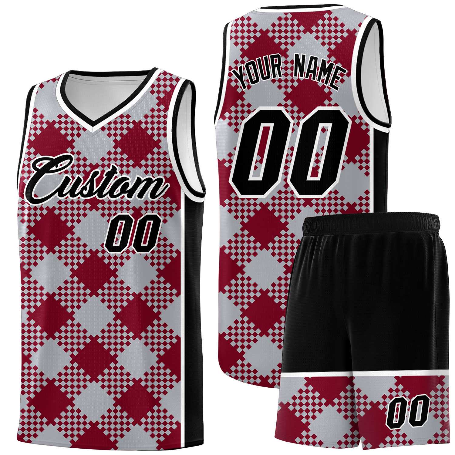 Personalized Gray Crimson-White Grid Basketball Kits
