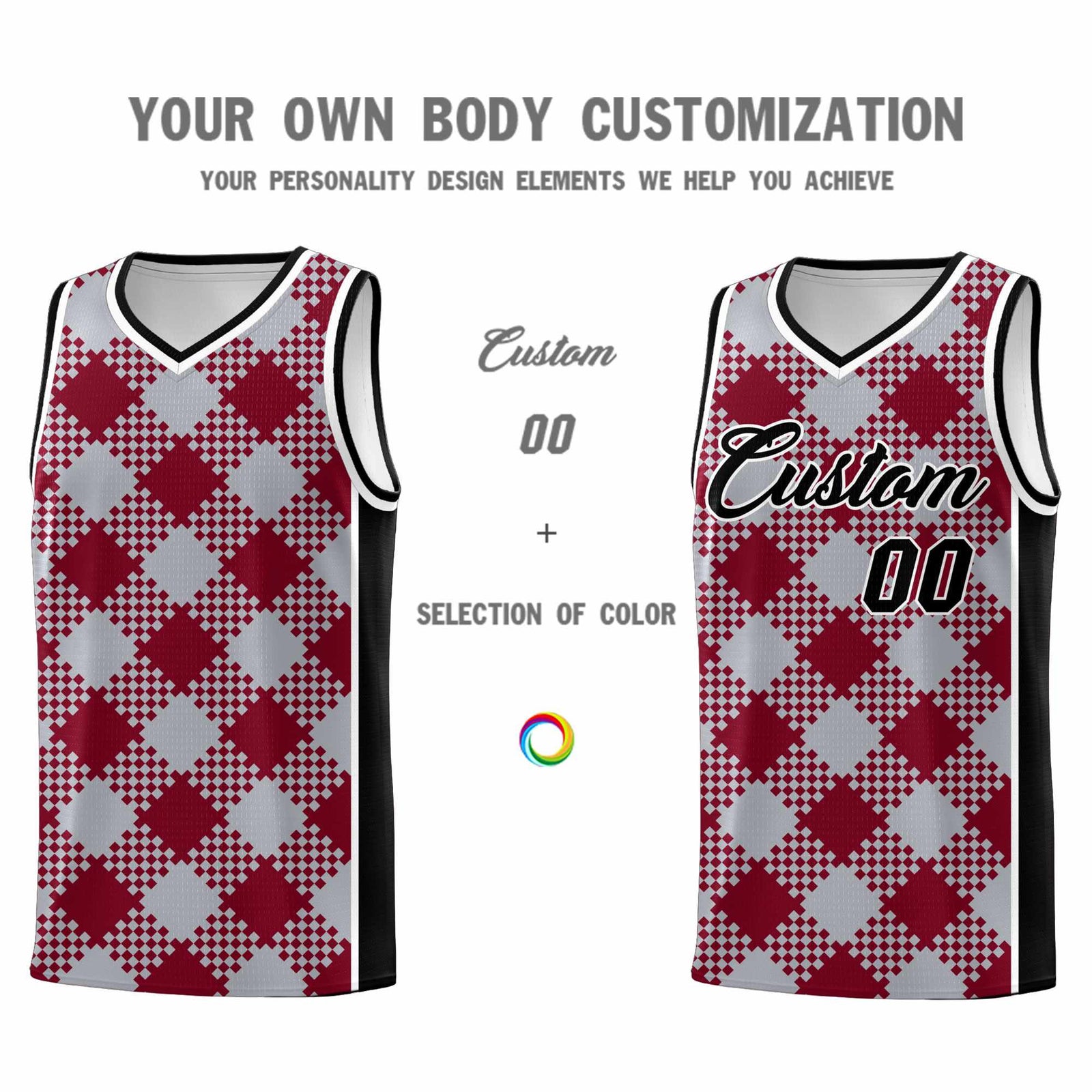 Personalized Gray Crimson-White Grid Basketball Kits