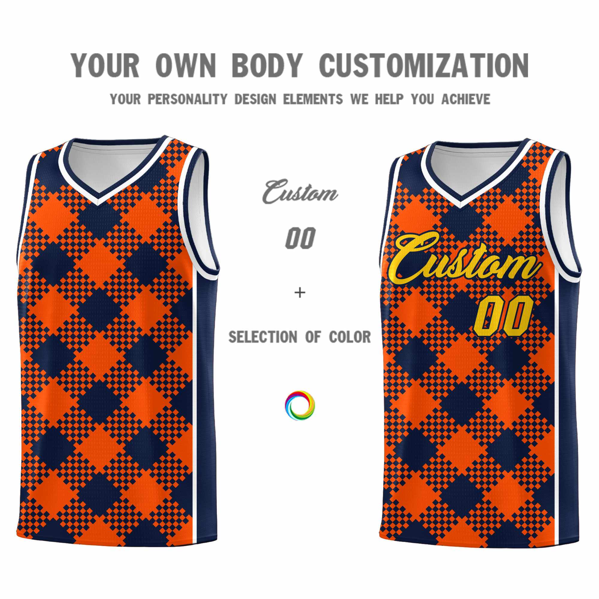 Personalized Orange Navy-White Grid Basketball Kits