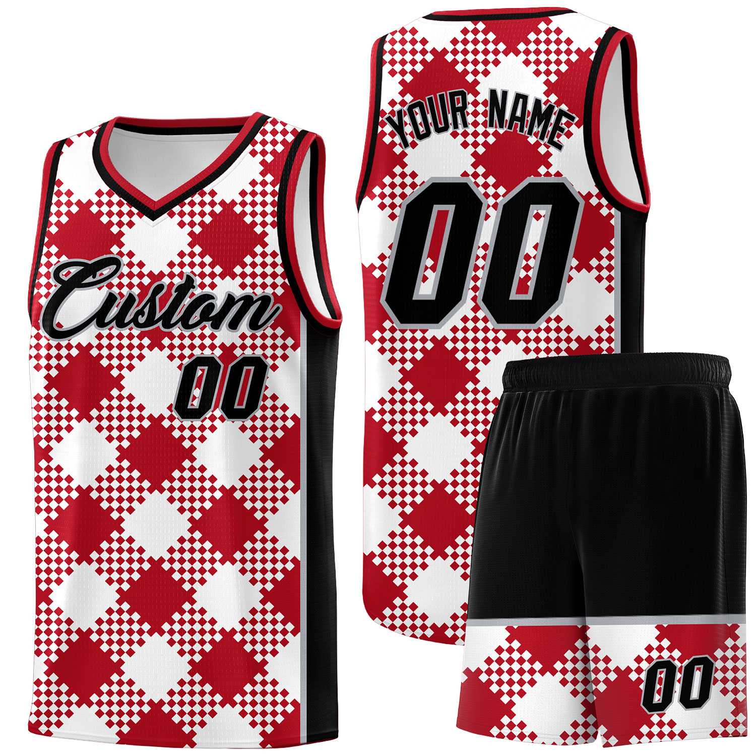 Personalized White Red-Gray Grid Basketball Kits