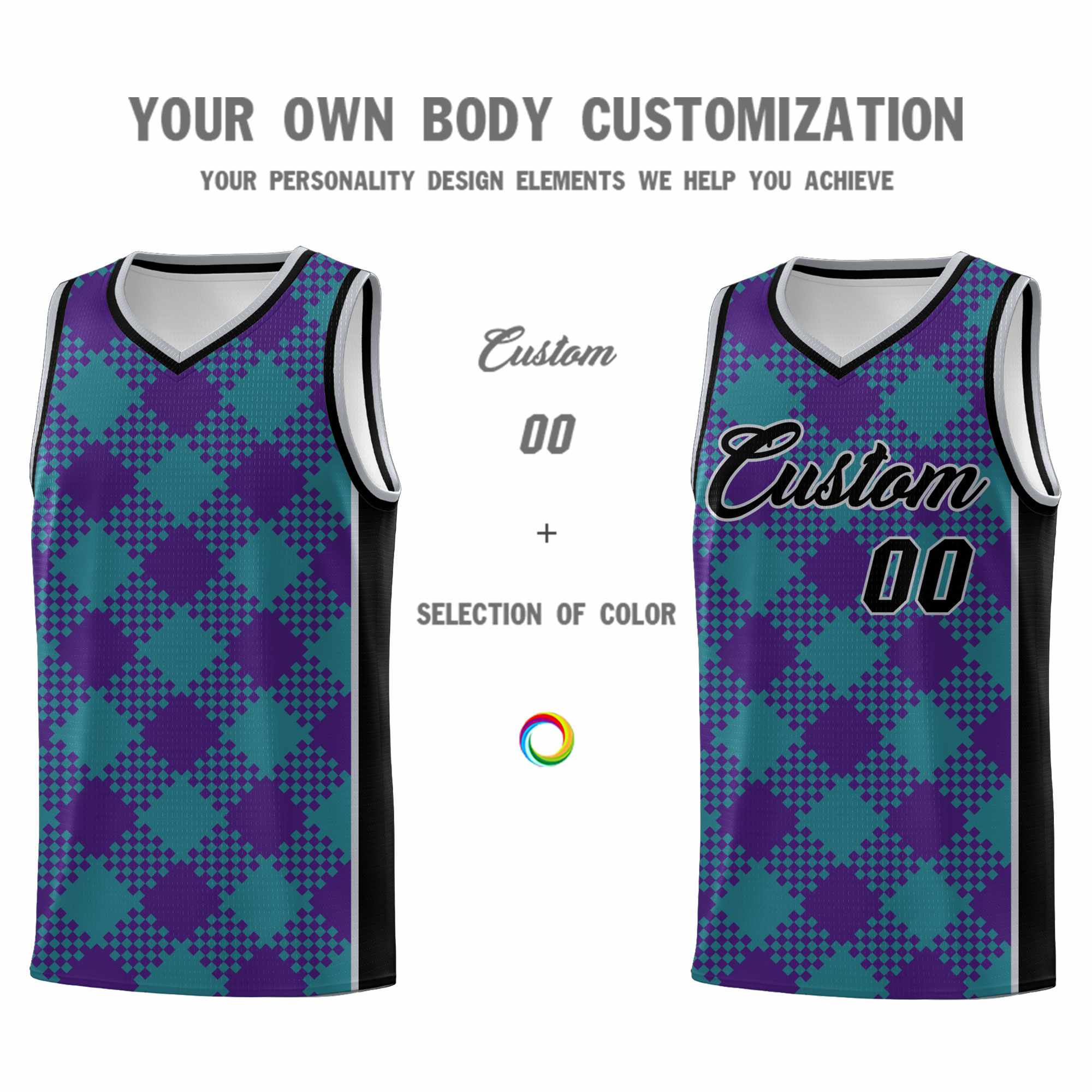 Personalized Purple Teal-Gray Grid Basketball Kits