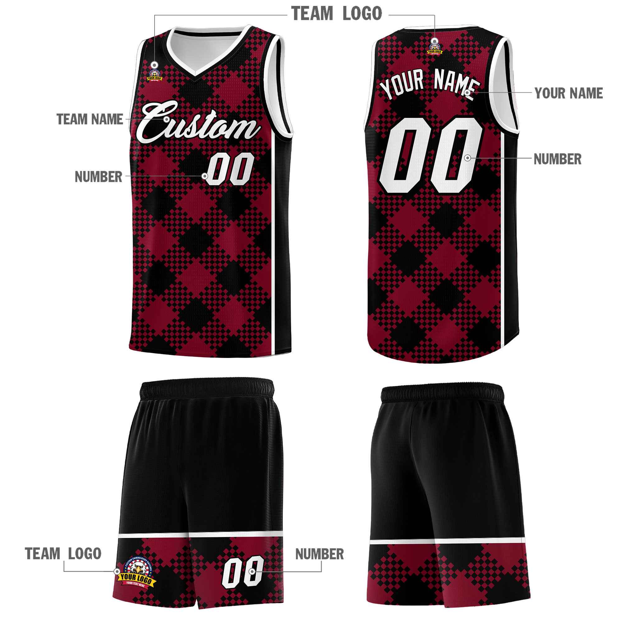 Personalized Crimson Black-White Grid Basketball Kits