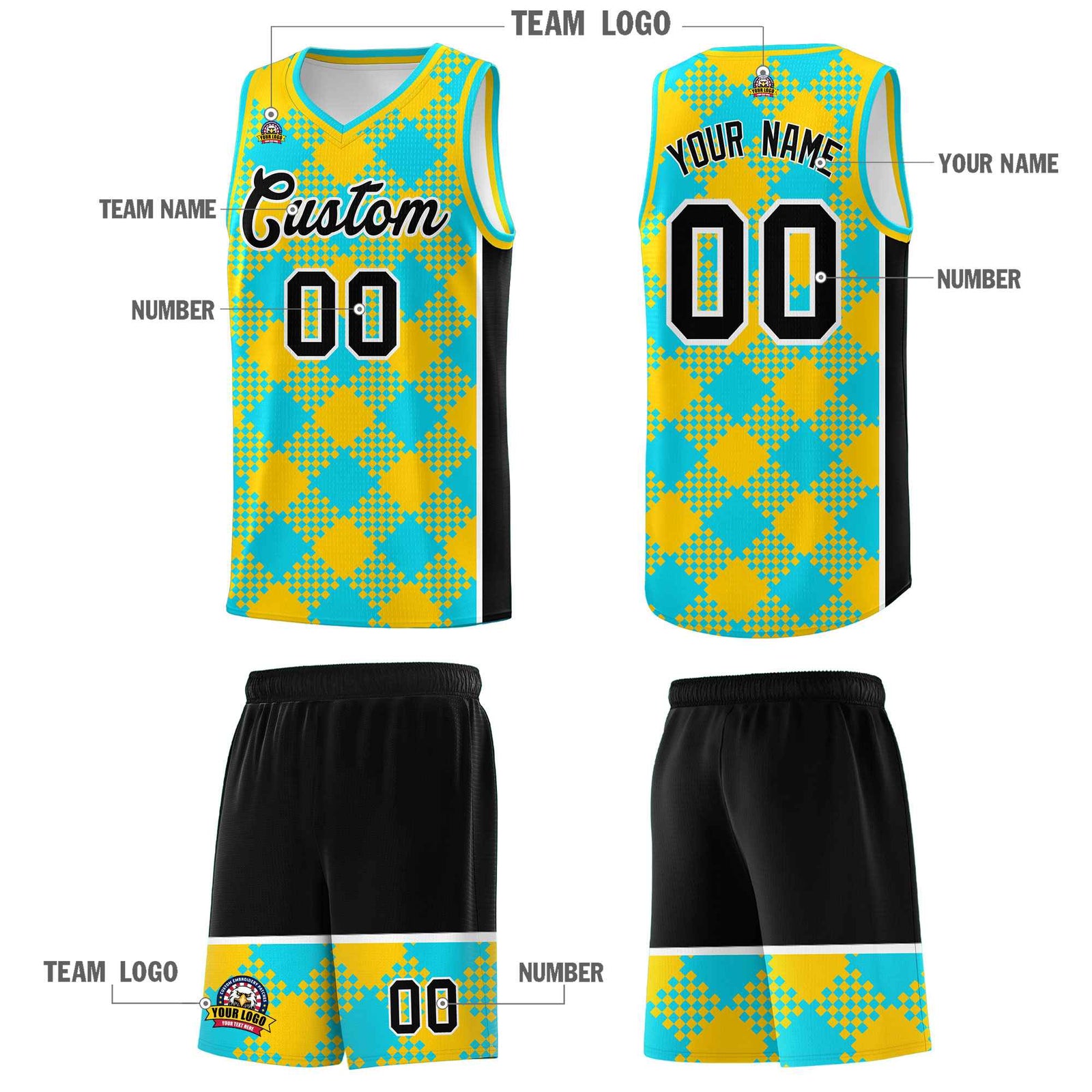 Personalized Sky Blue Gold-Black Grid Basketball Kits