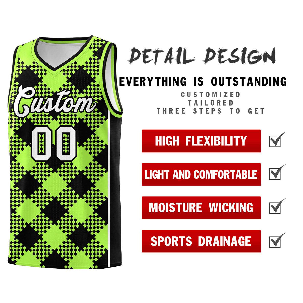 Personalized Fluorescent Green Black-White Grid Basketball Kits