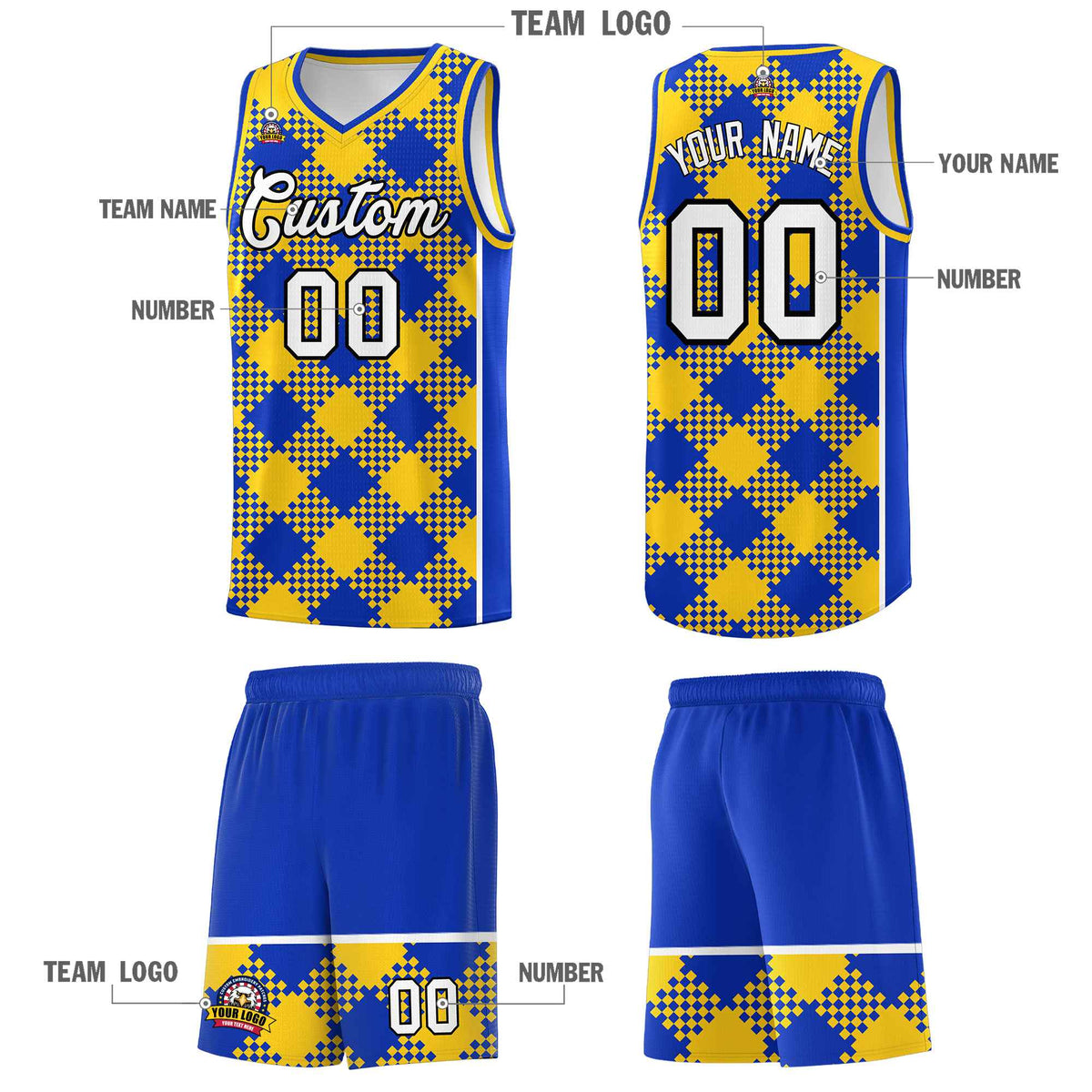 Personalized Royal Gold-White Grid Basketball Kits