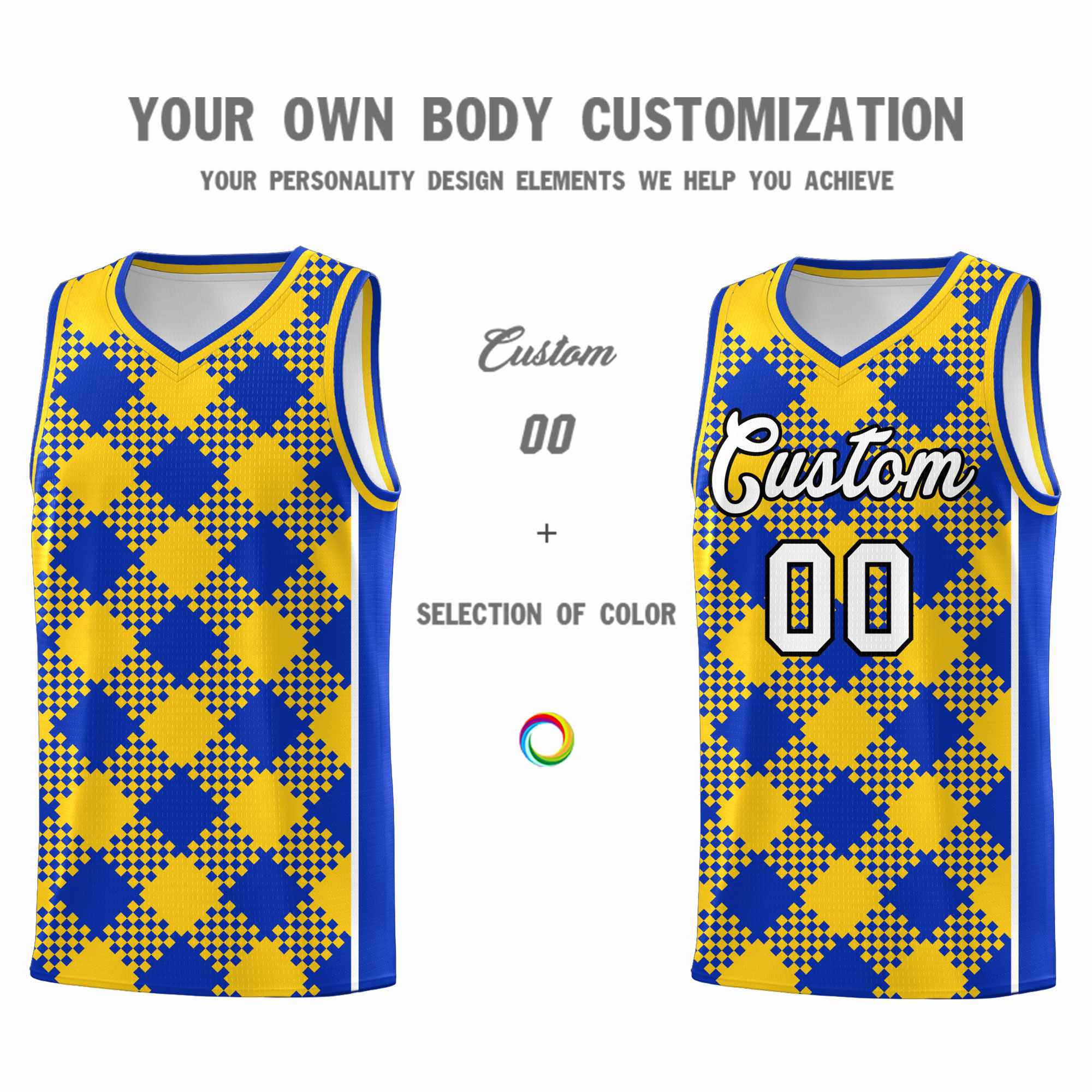 Personalized Royal Gold-White Grid Basketball Kits