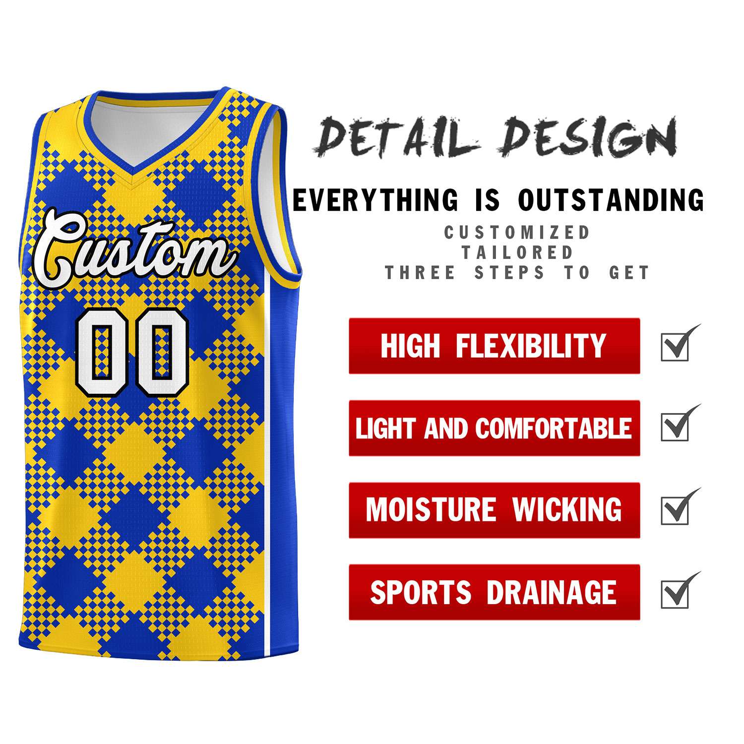 Personalized Royal Gold-White Grid Basketball Kits