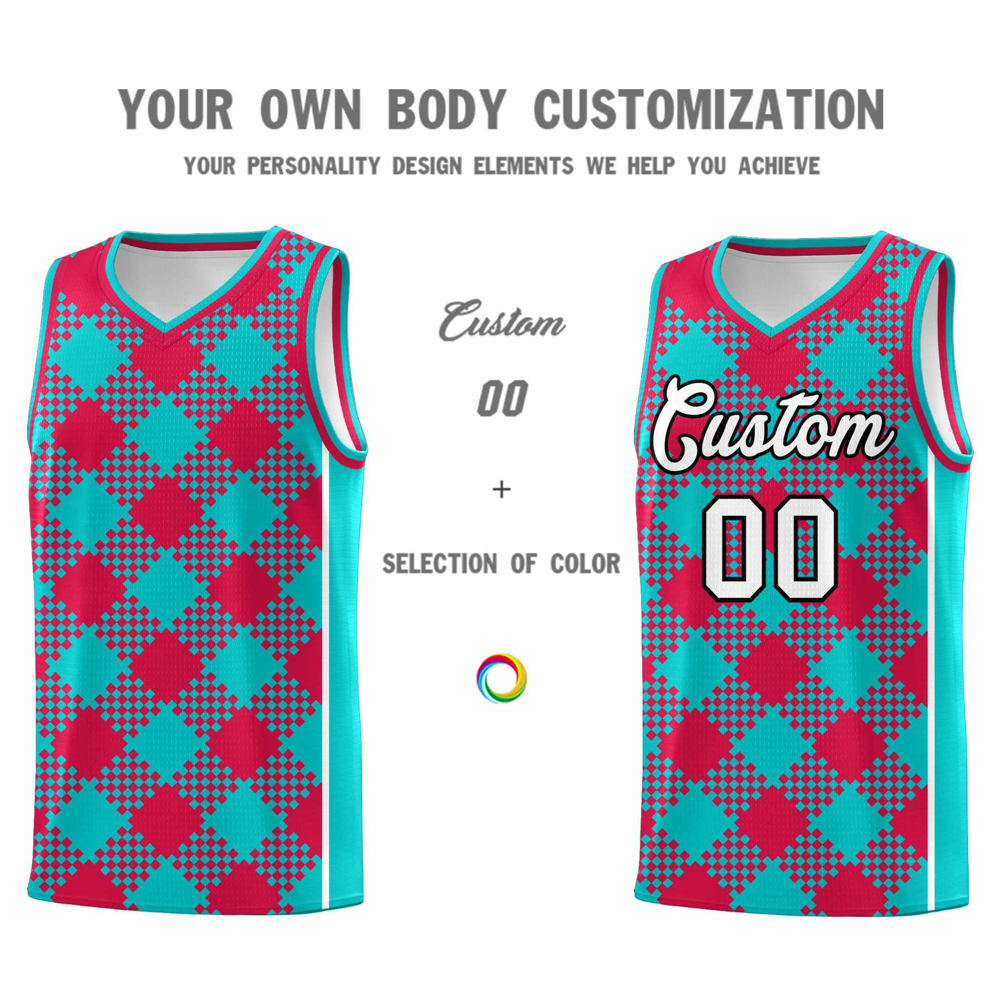 Personalized Aqua Red-White Grid Basketball Kits