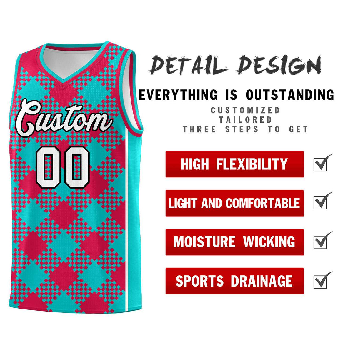 Personalized Aqua Red-White Grid Basketball Kits