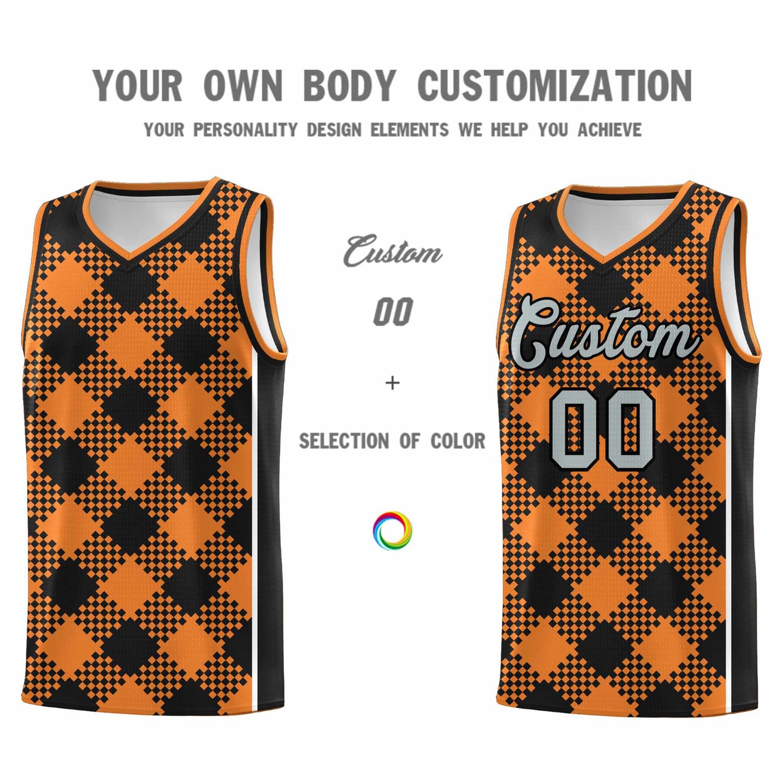 Personalized Gold Orange Black-White Grid Basketball Kits