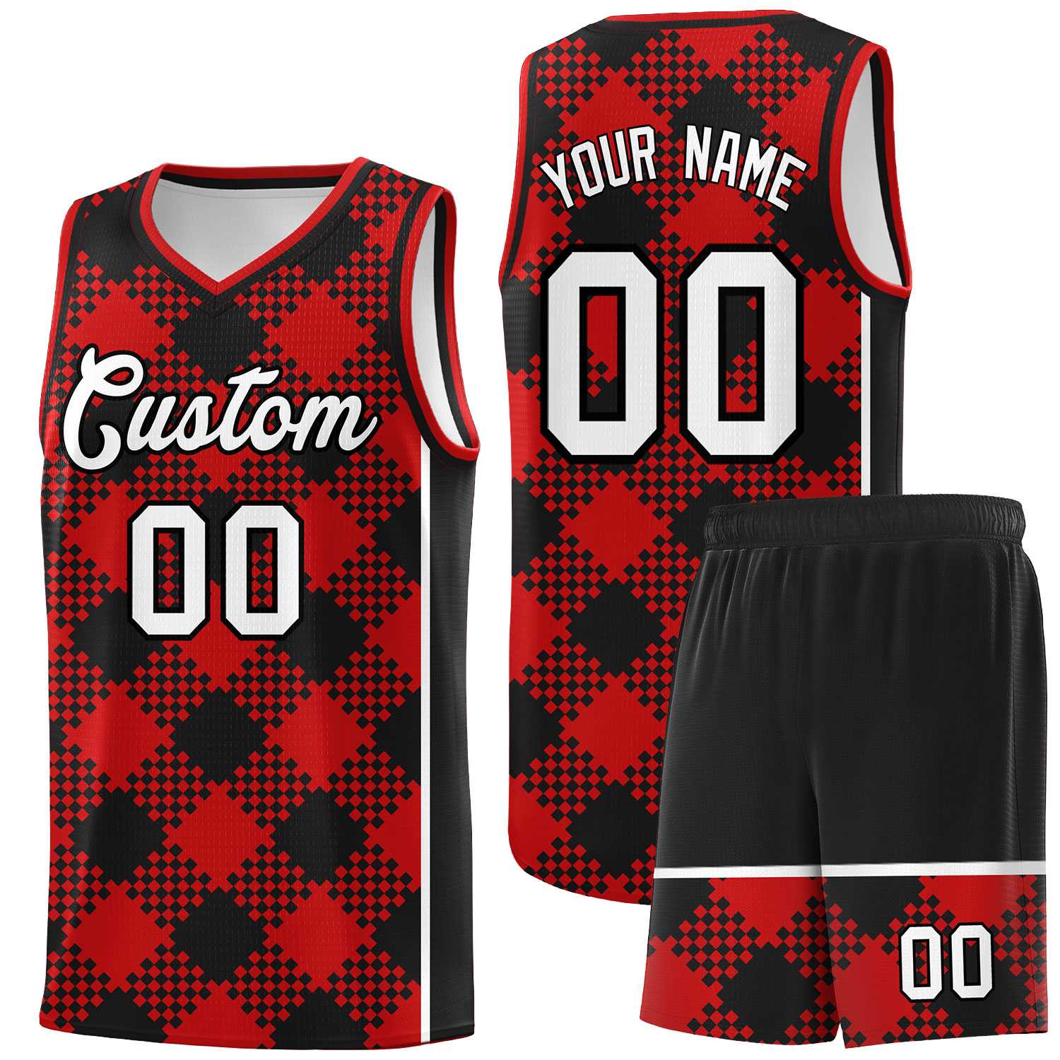 Personalized Red Black-White Grid Basketball Kits