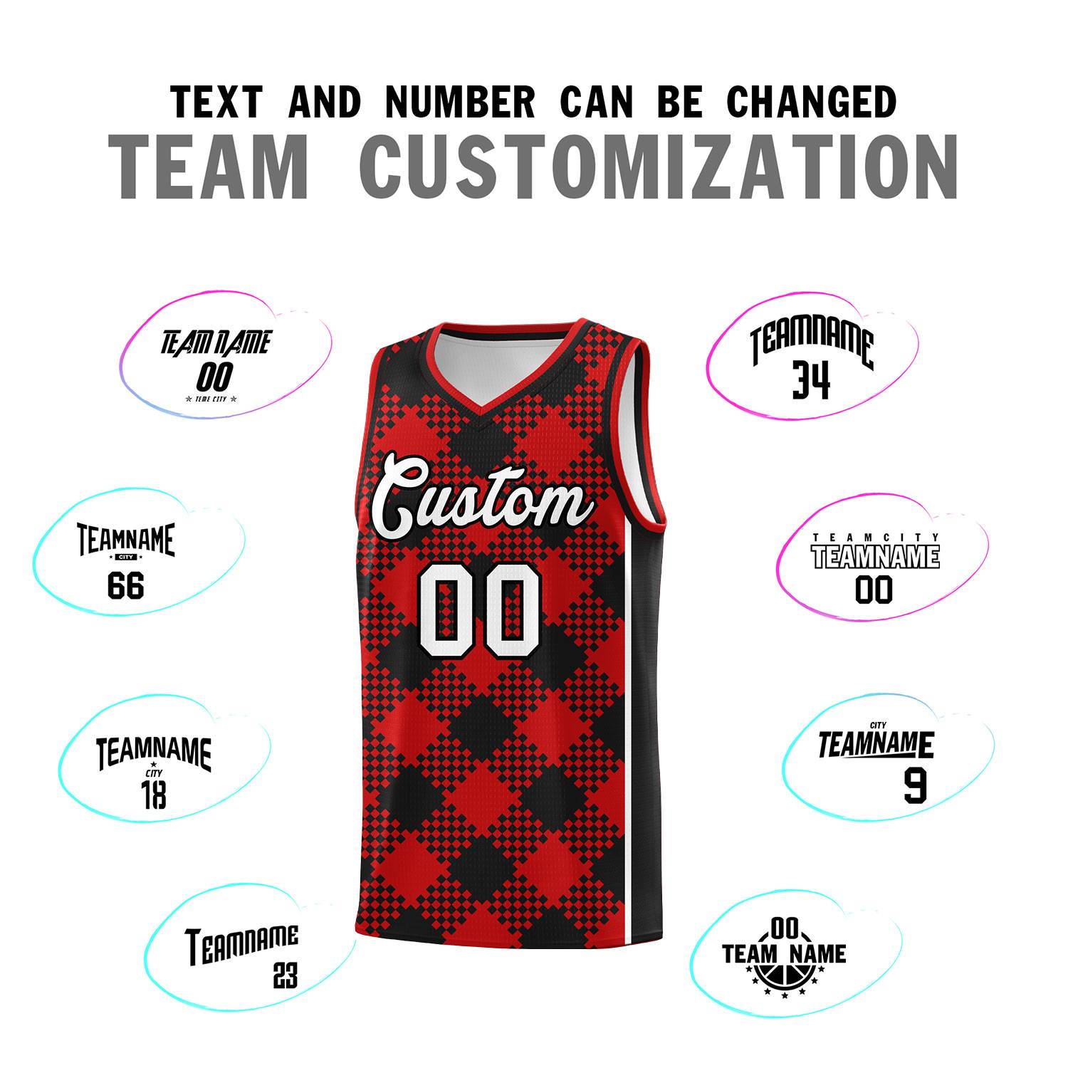 Personalized Red Black-White Grid Basketball Kits