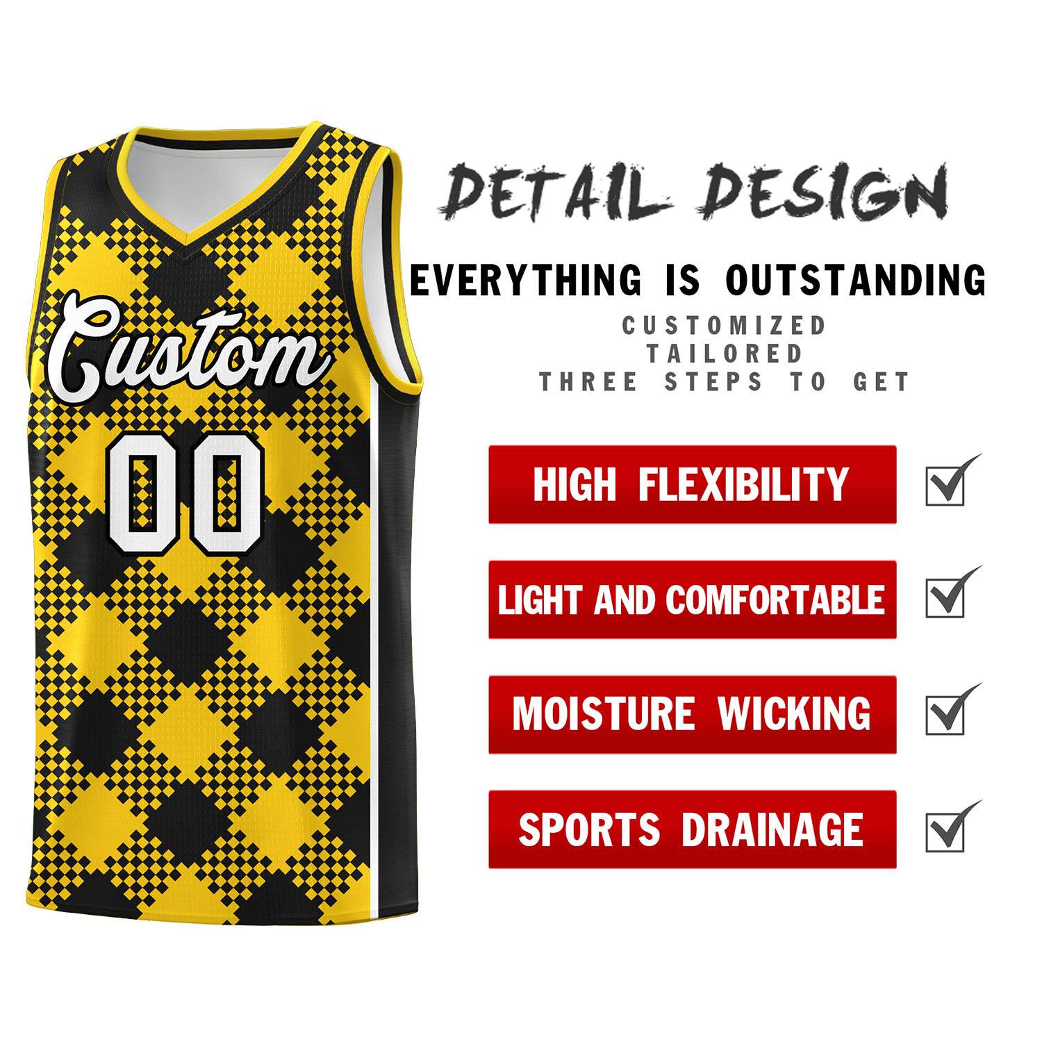 Personalized Gold Black-White Grid Basketball Kits