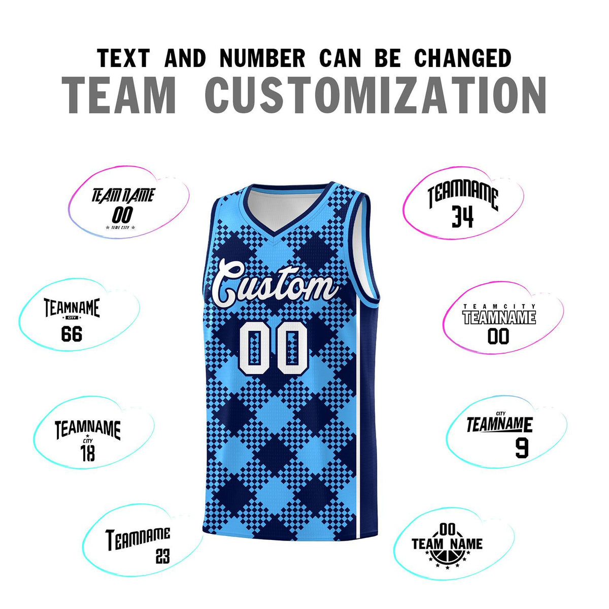 Personalized Powder Blue Navy-White Grid Basketball Kits