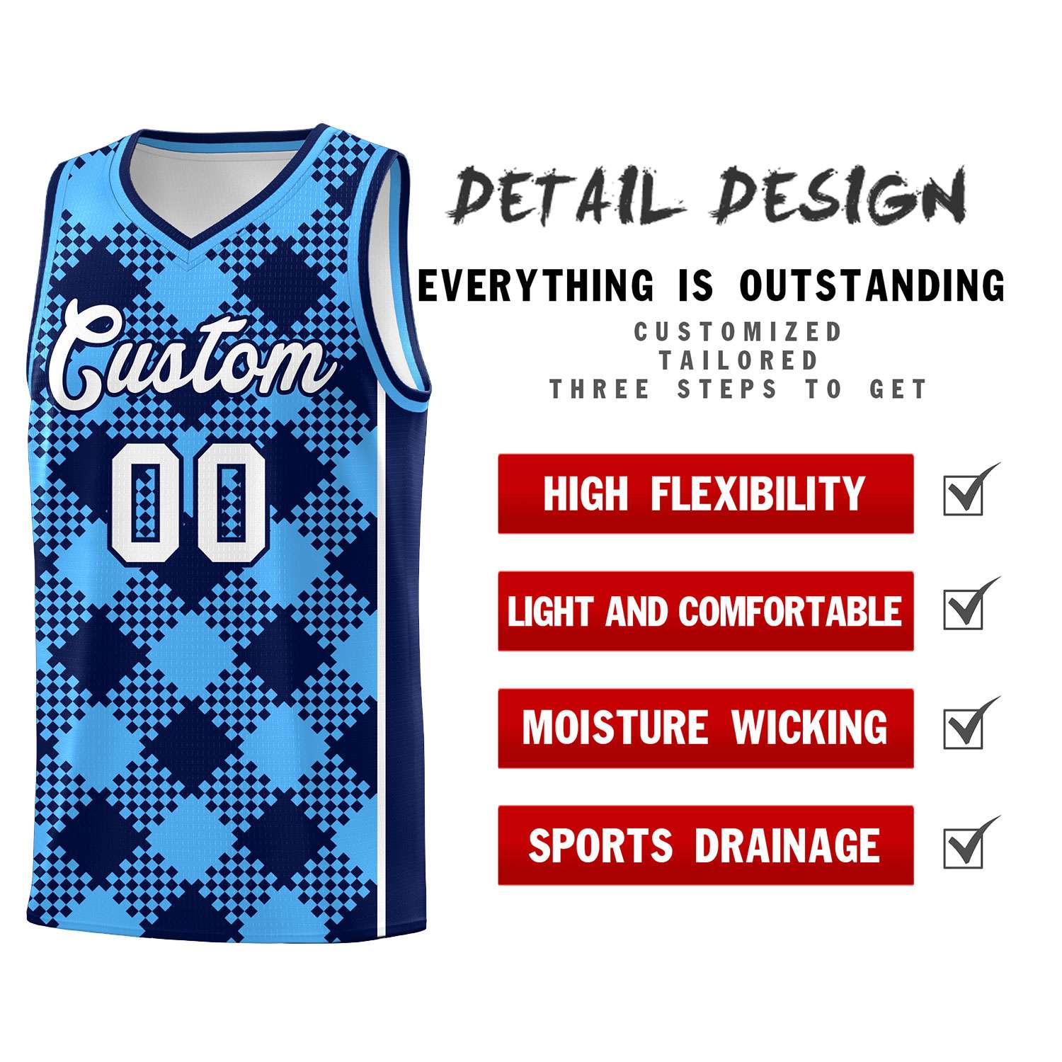 Personalized Powder Blue Navy-White Grid Basketball Kits