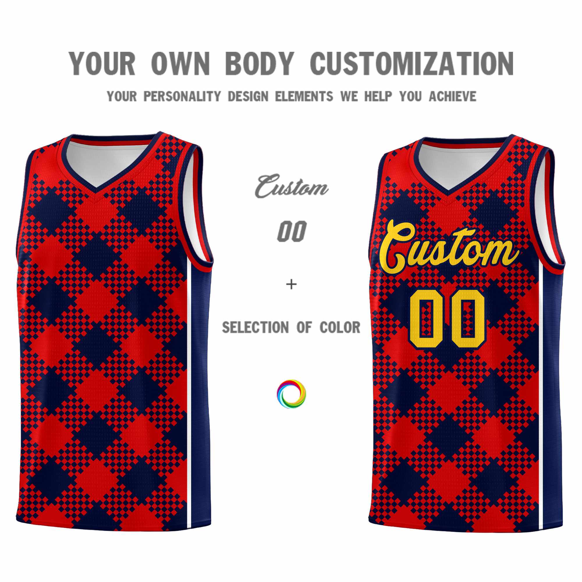 Personalized Navy Red-White Grid Basketball Kits