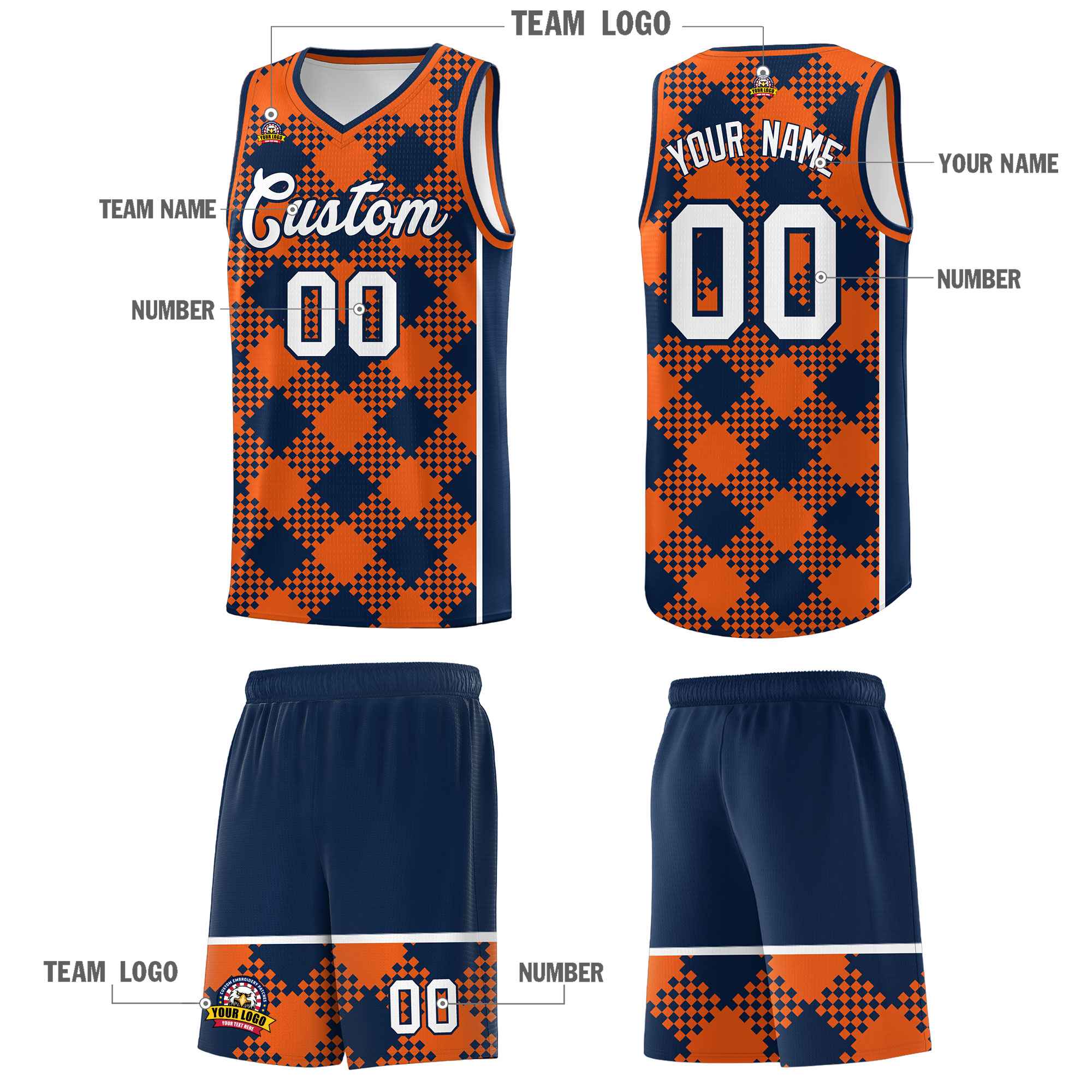 Personalized Navy Orange-White Grid Basketball Kits