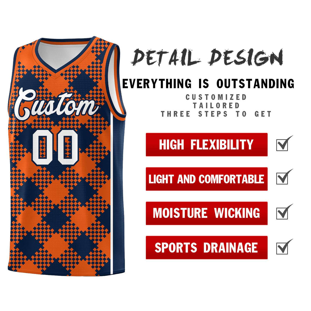 Personalized Navy Orange-White Grid Basketball Kits