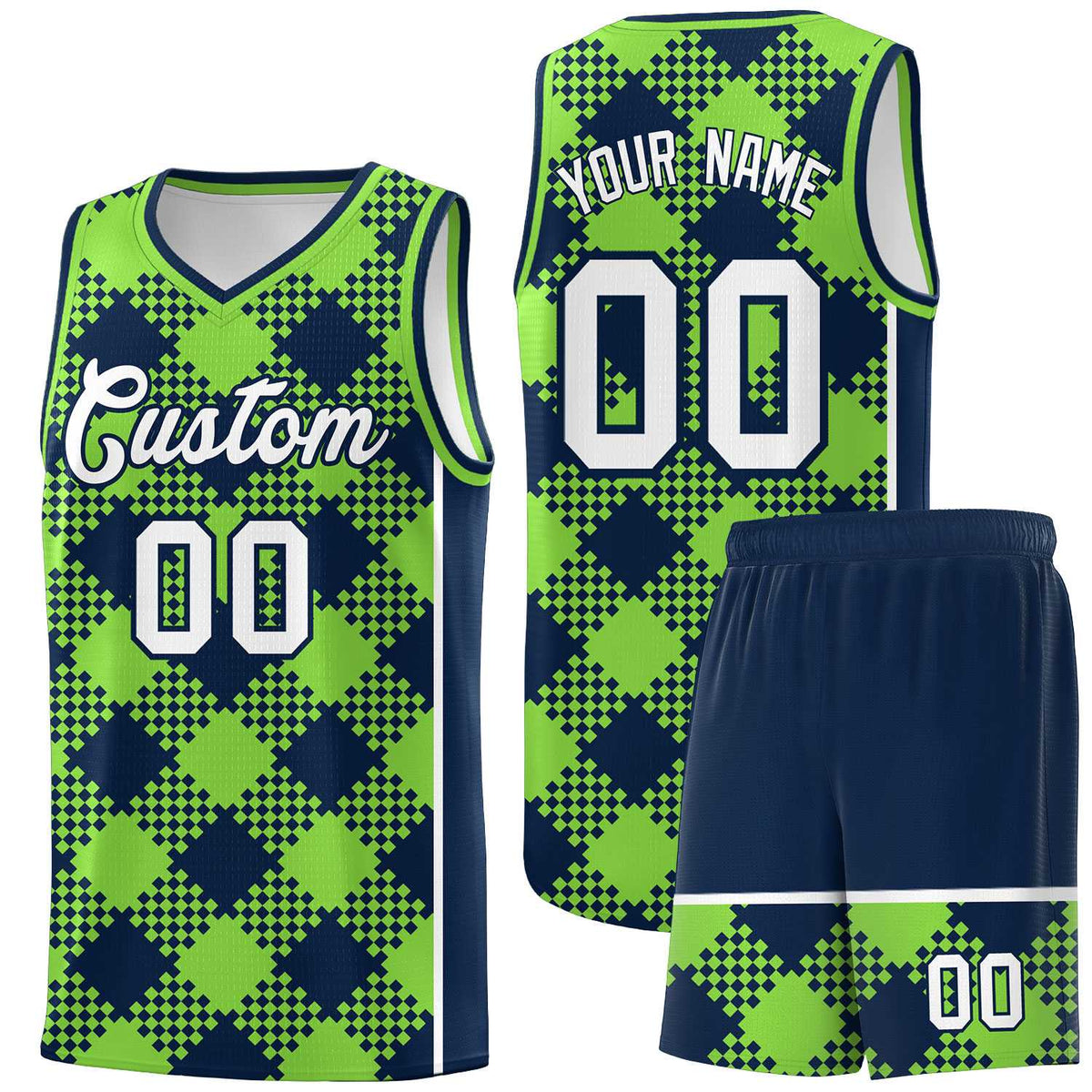 Personalized Fluorescent Green Navy-White Grid Basketball Kits