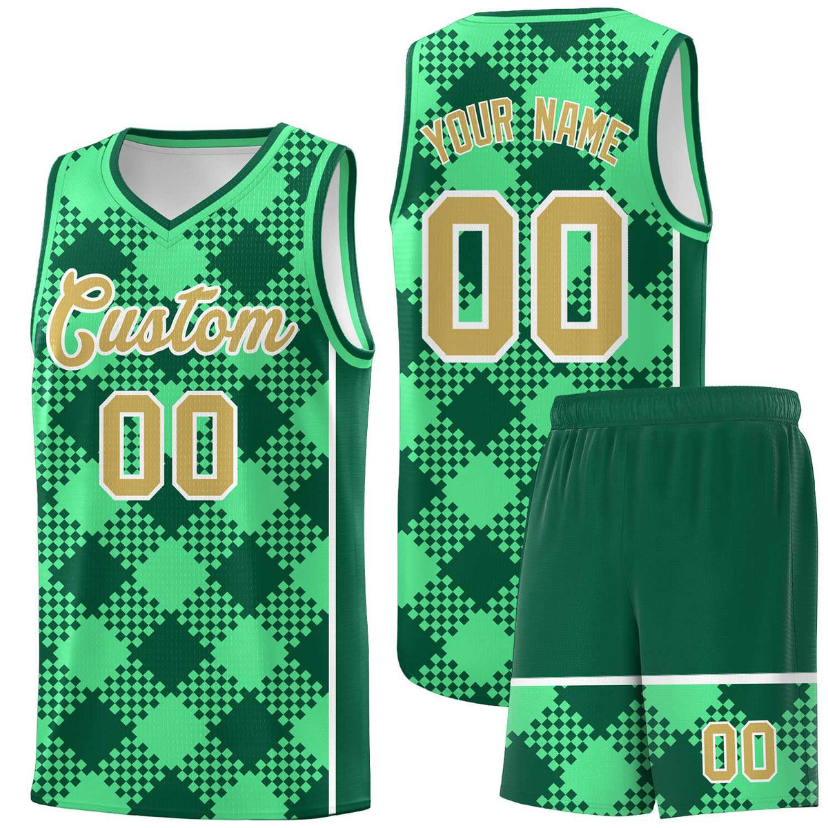 Personalized Green Kelly Green-White Grid Basketball Kits