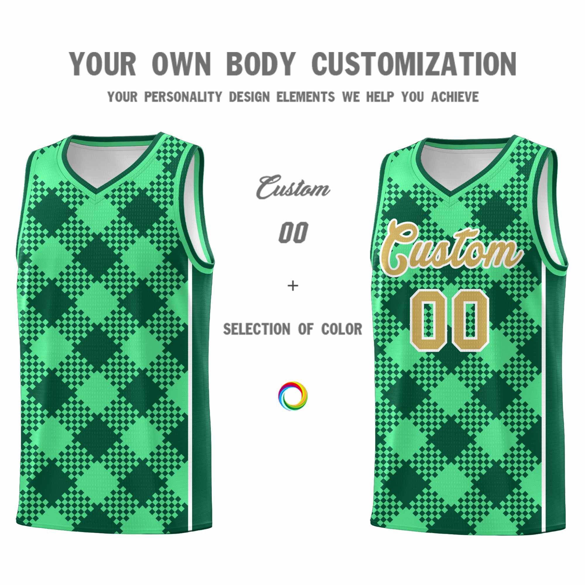 Personalized Green Kelly Green-White Grid Basketball Kits