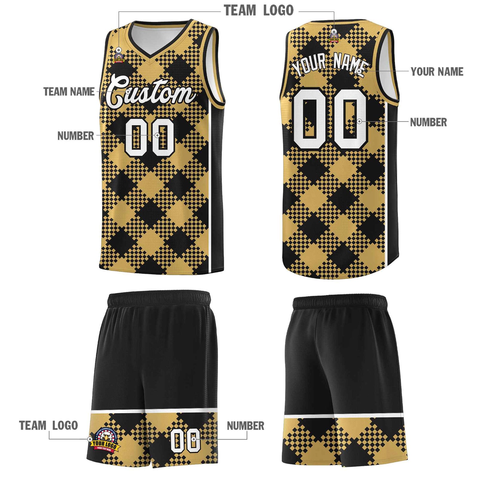 Personalized Old Gold Black-White Grid Basketball Kits