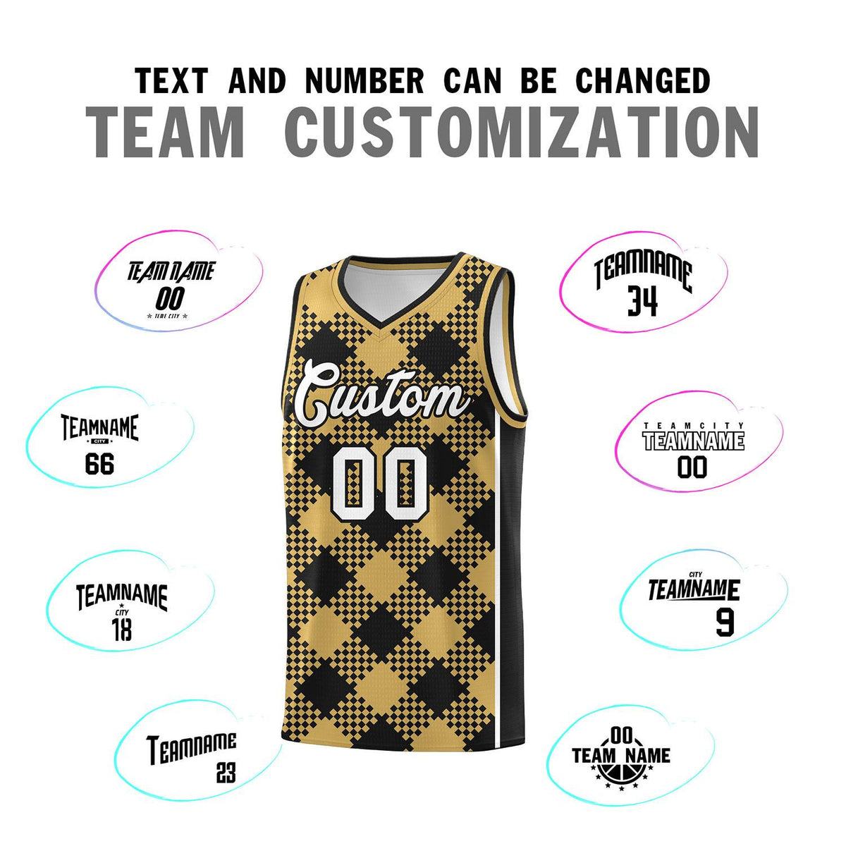 Personalized Old Gold Black-White Grid Basketball Kits