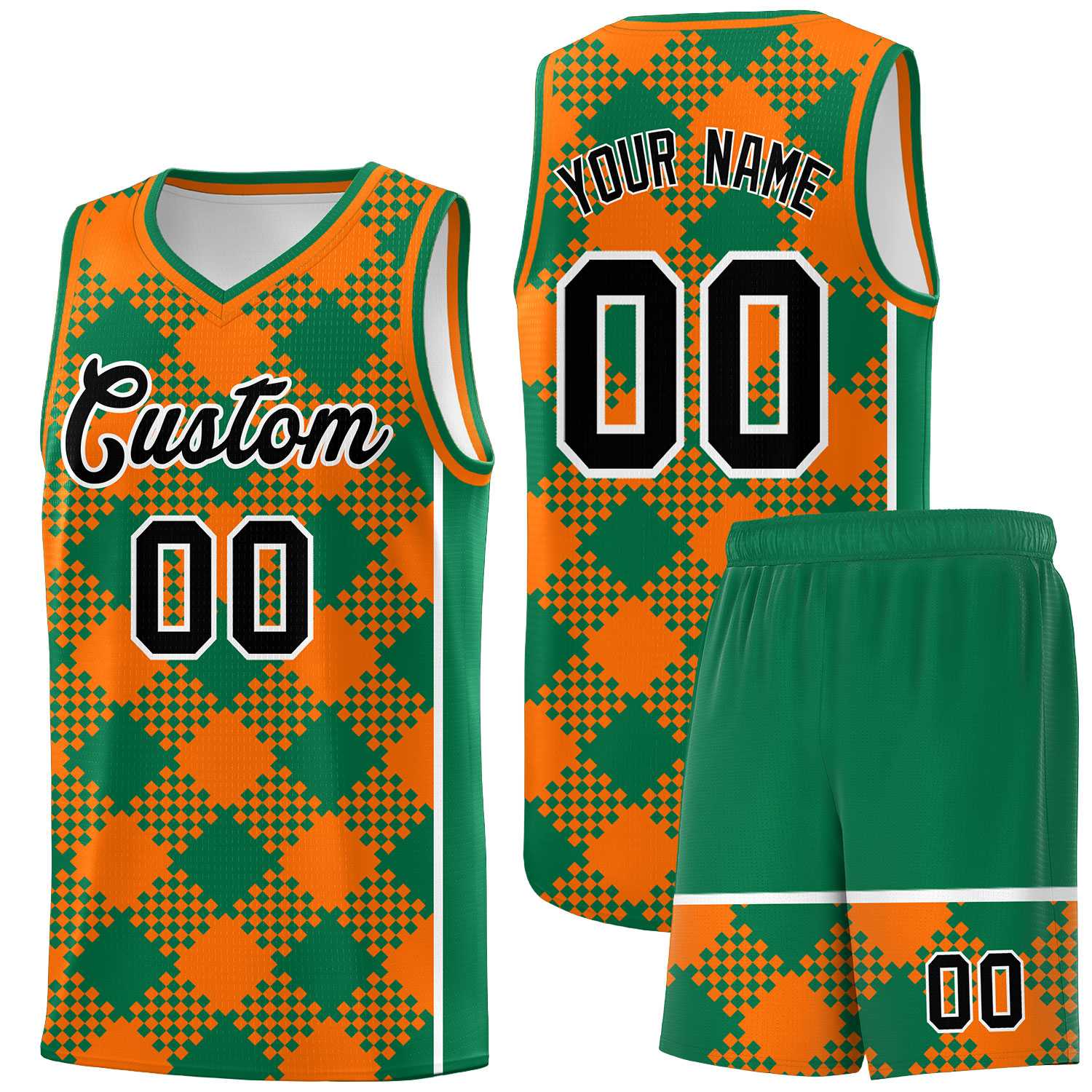 Personalized Orange Kelly Green-White Grid Basketball Kits