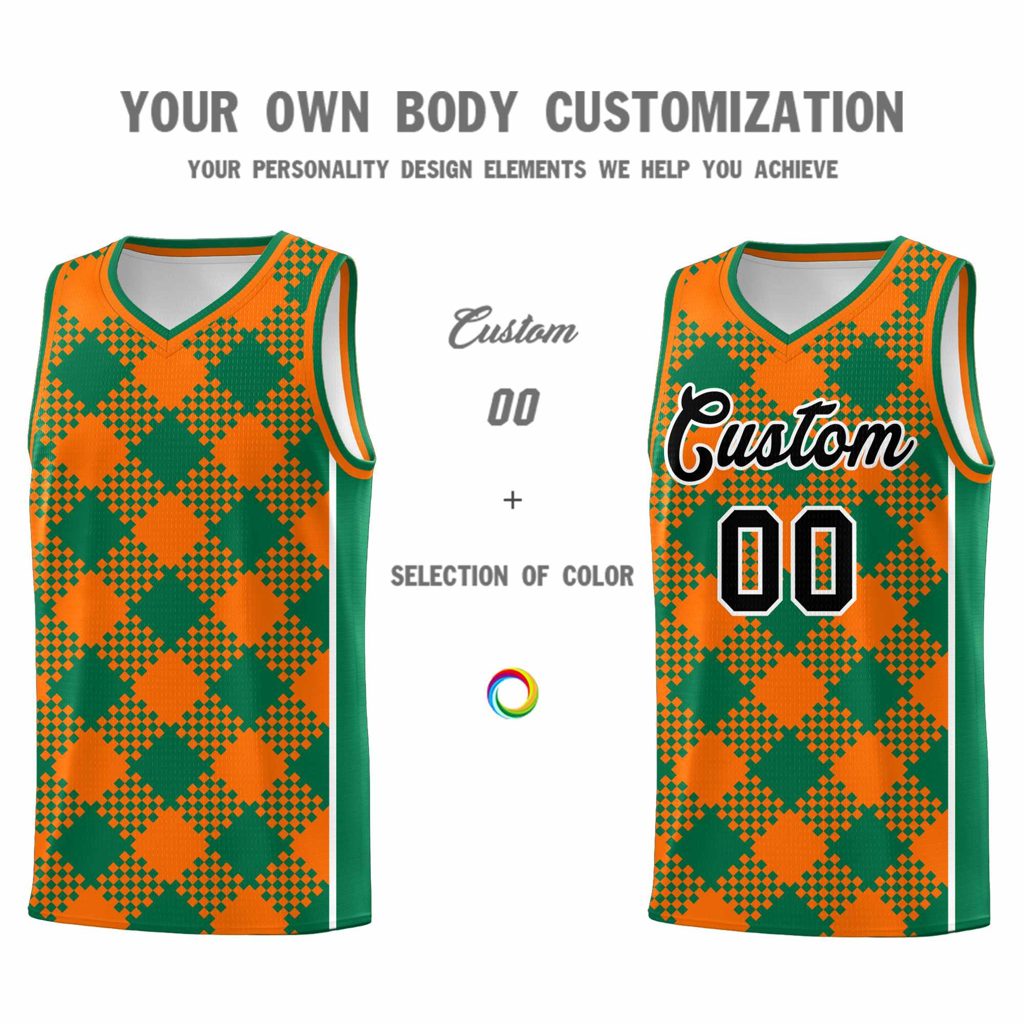 Personalized Orange Kelly Green-White Grid Basketball Kits