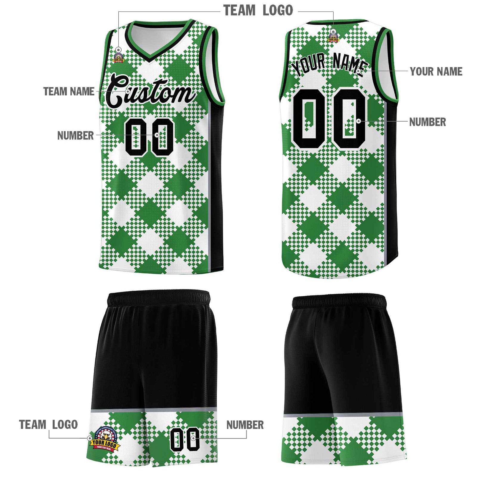 Personalized White Kelly Green-Gray Grid Basketball Kits
