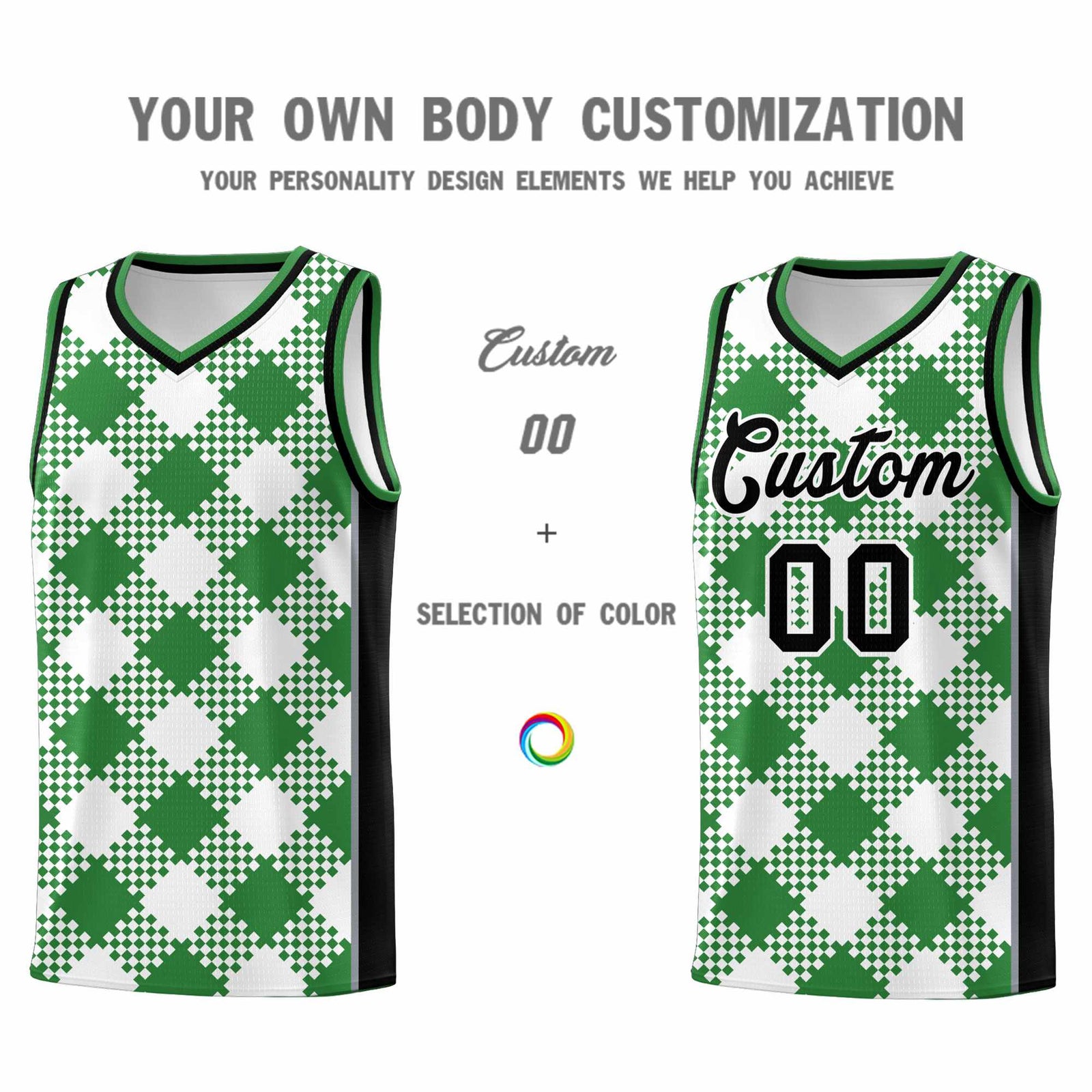 Personalized White Kelly Green-Gray Grid Basketball Kits