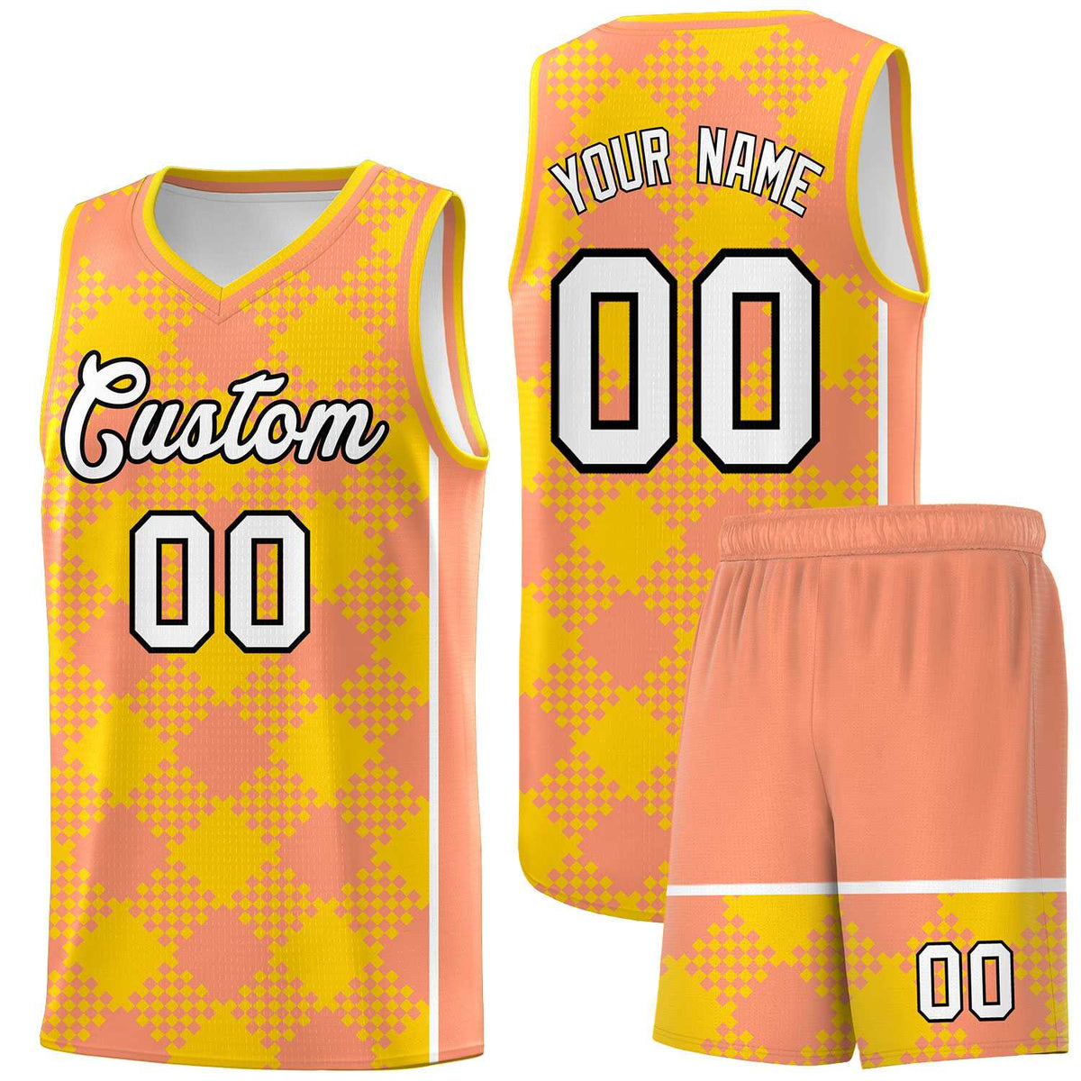 Personalized Light Orange Gold-White Grid Basketball Kits
