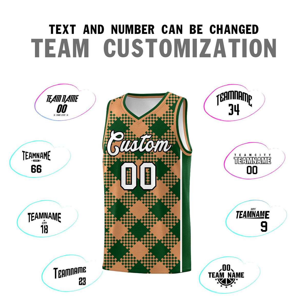 Personalized Green Buckskin Brown-White Grid Basketball Kits