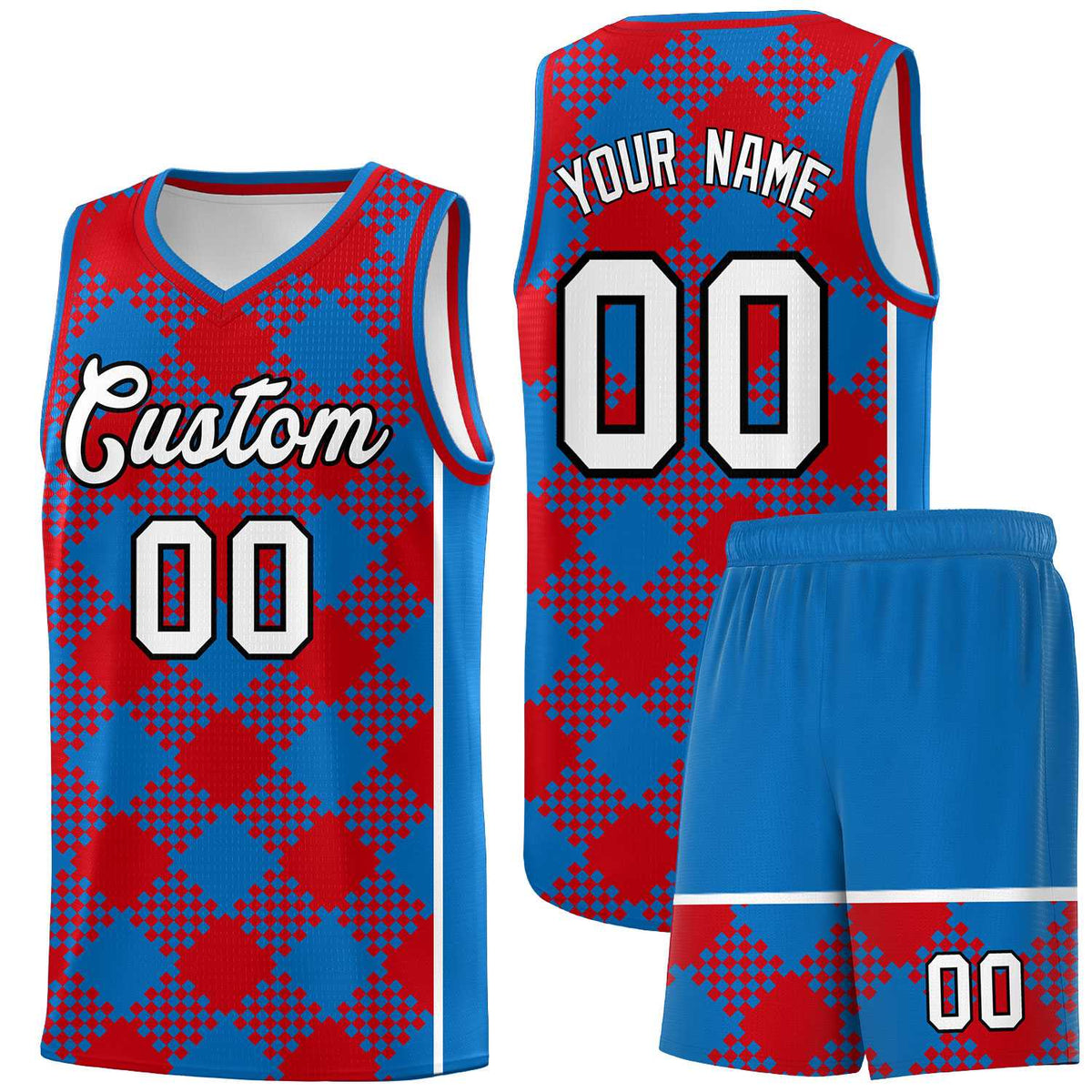 Personalized Royal Red-White Grid Basketball Kits