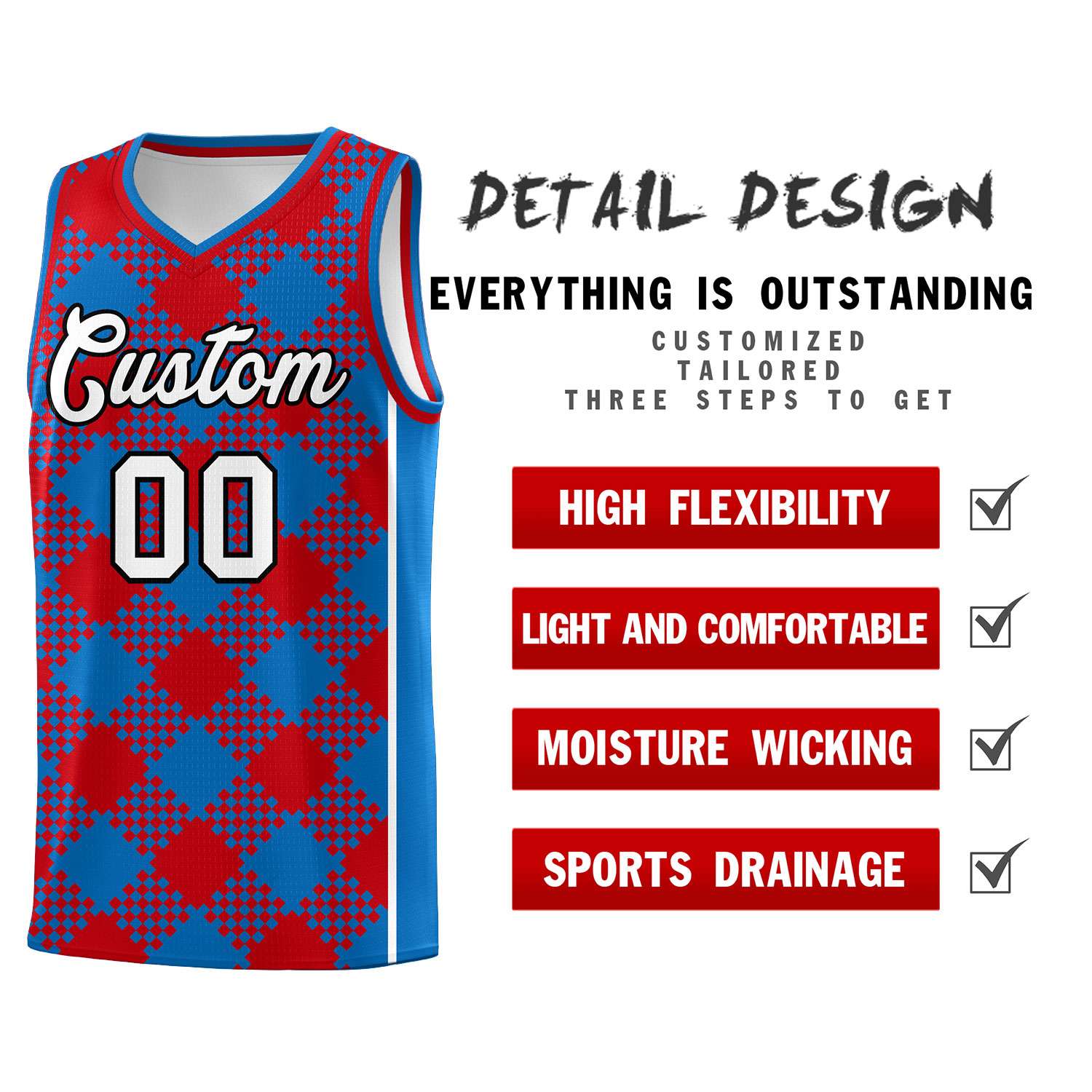 Personalized Royal Red-White Grid Basketball Kits