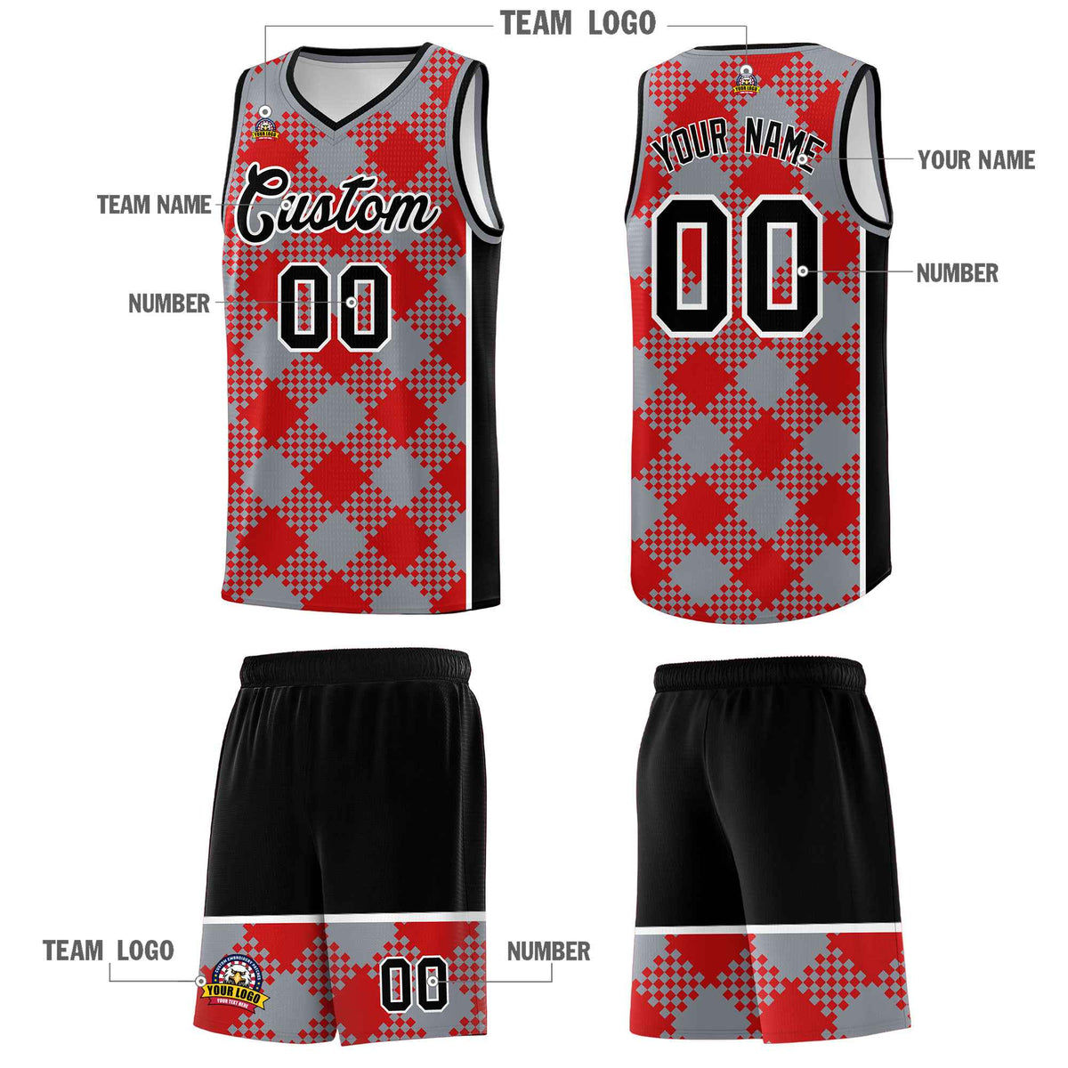Personalized Gray Red-White Grid Basketball Kits